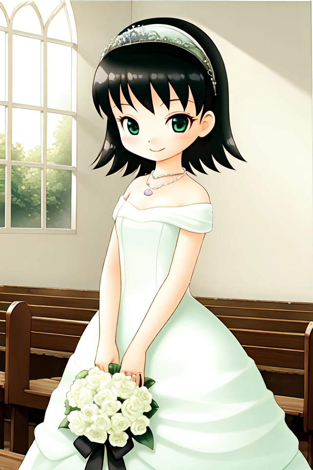 1 girl, indoors, church, standing, smile,
 <lora:Harvest_Moon_Hero_of_Leaf_Valley_-_Dia:0.6> holvdia, black hair, short hair, green hairband, green eyes,
tiara, necklace, wedding dress, bare shoulders, sleeveless dress,