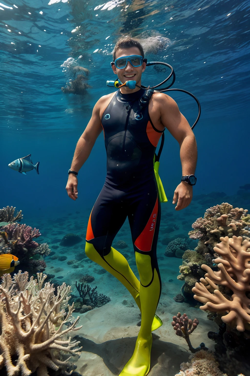 floating underwater in the ocean, coral reef, colorful tropical fish in the background, diving gear, smiling, ToryGeorge, wearing full body wetsuit, wearing scuba tank, (scuba regulator in mouth), clear scuba goggles, scuba gear, diving wristwatch, (((full body portrait))), wide angle  <lora:ToryGeorge:0.8>