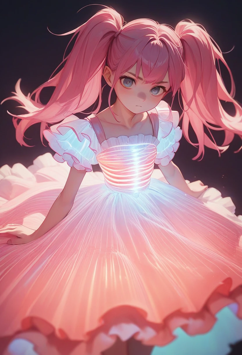 score_9, score_8_up, score_7_up, score_6_up, source_anime, <lora:laser_light_clothes_v0.5-pony:1>
1girl, pink hair, twintails, 
laser light dress, frilled dress, dark background,