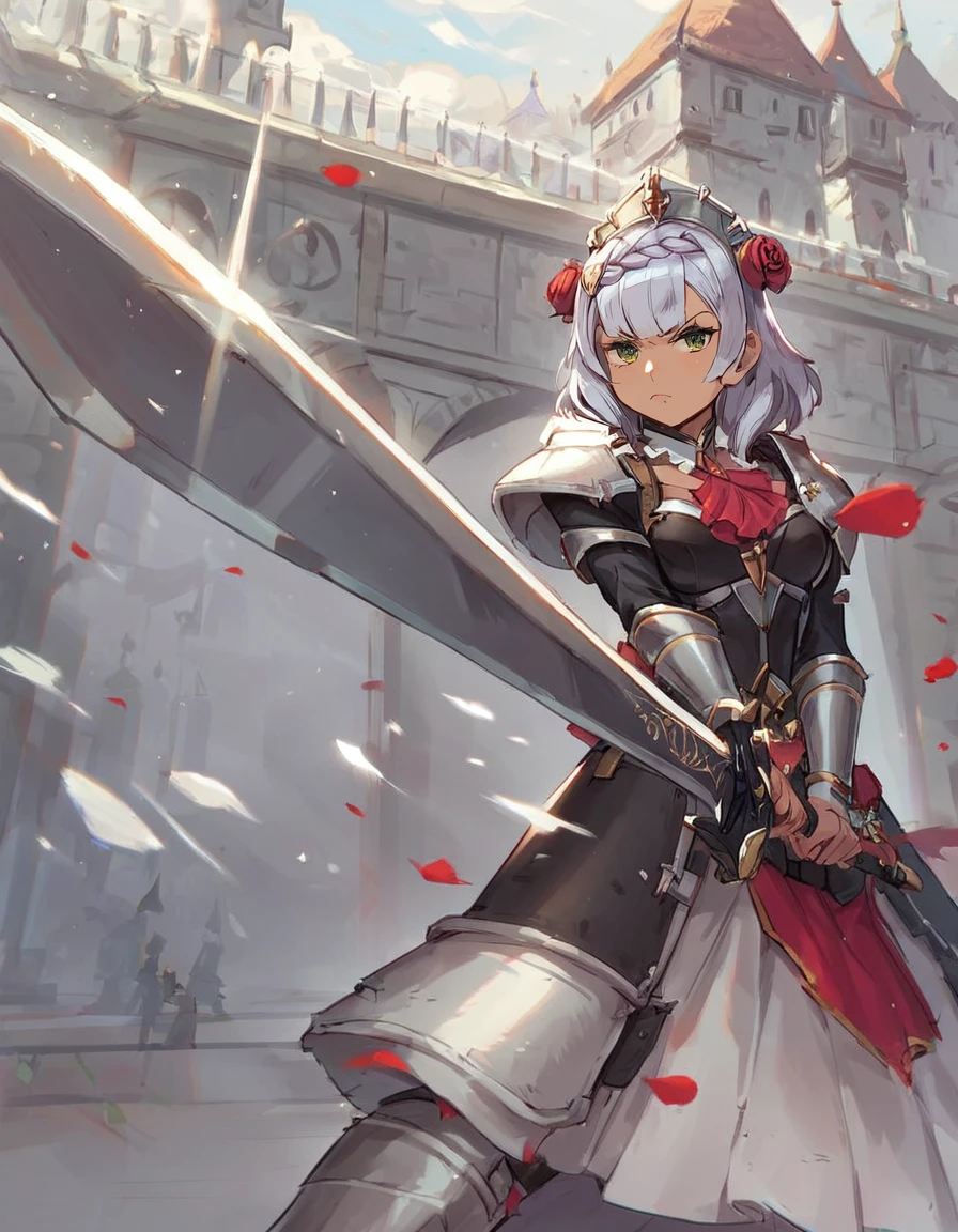 score_9, score_8_up, score_7_up,
source_anime,
noelle, brave perspective, two-handed,holding sword,serious, focused,
fantasy background,
front of a white medieval city, white marble cathedral behind, courtyard, red roses,
spring,
<lora:Brave_perspective:0.9>