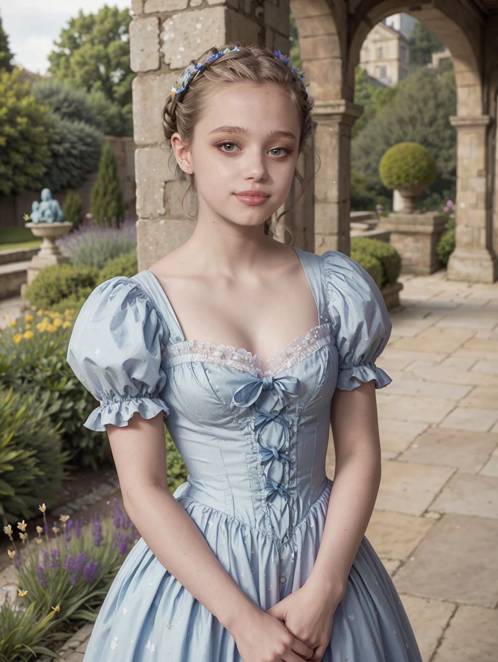 Portrait of a beautiful and sensual -yeld giwithout strabismus with brown hair combed in two braids wearing a blue mini party dress and while standing in a garden of a rococo style residence on a winter morning