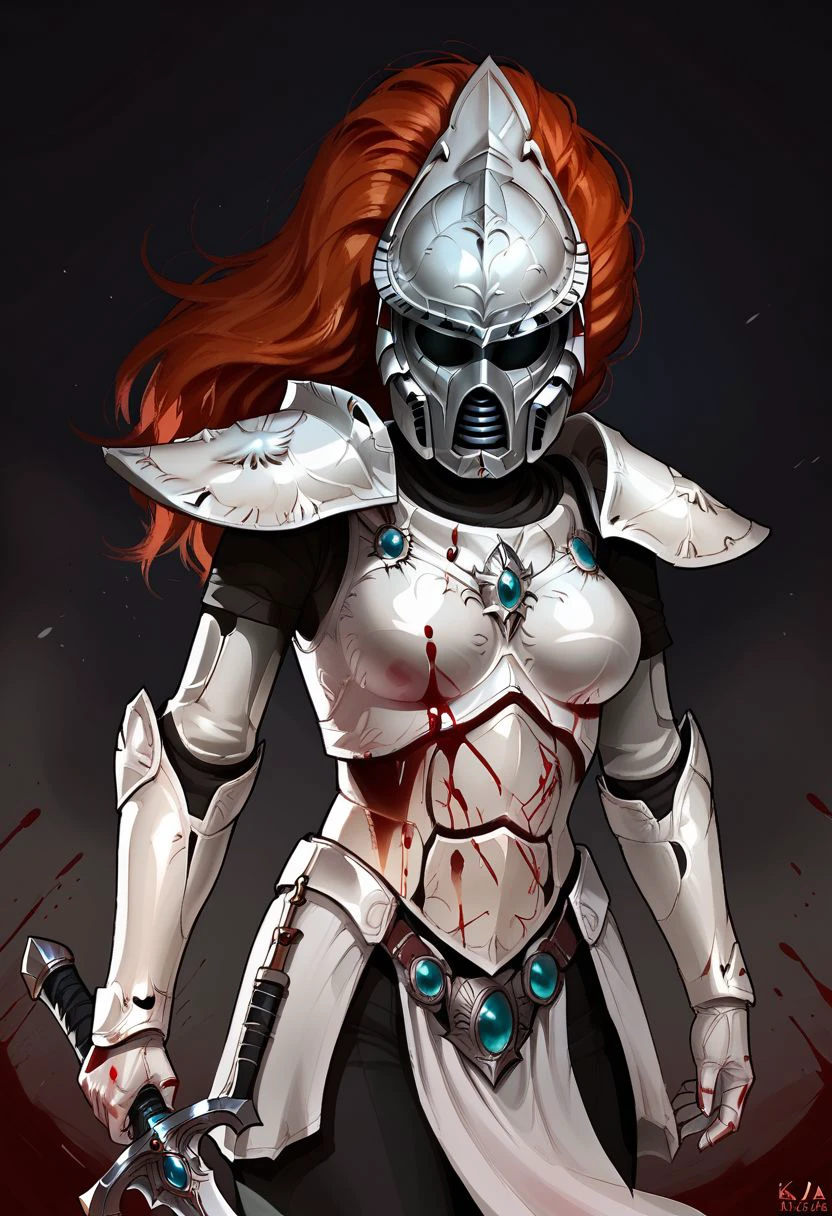 1girl, solol, eldar, redhead, white armor, sword, helmet, blood, dark background, full helmet, holding