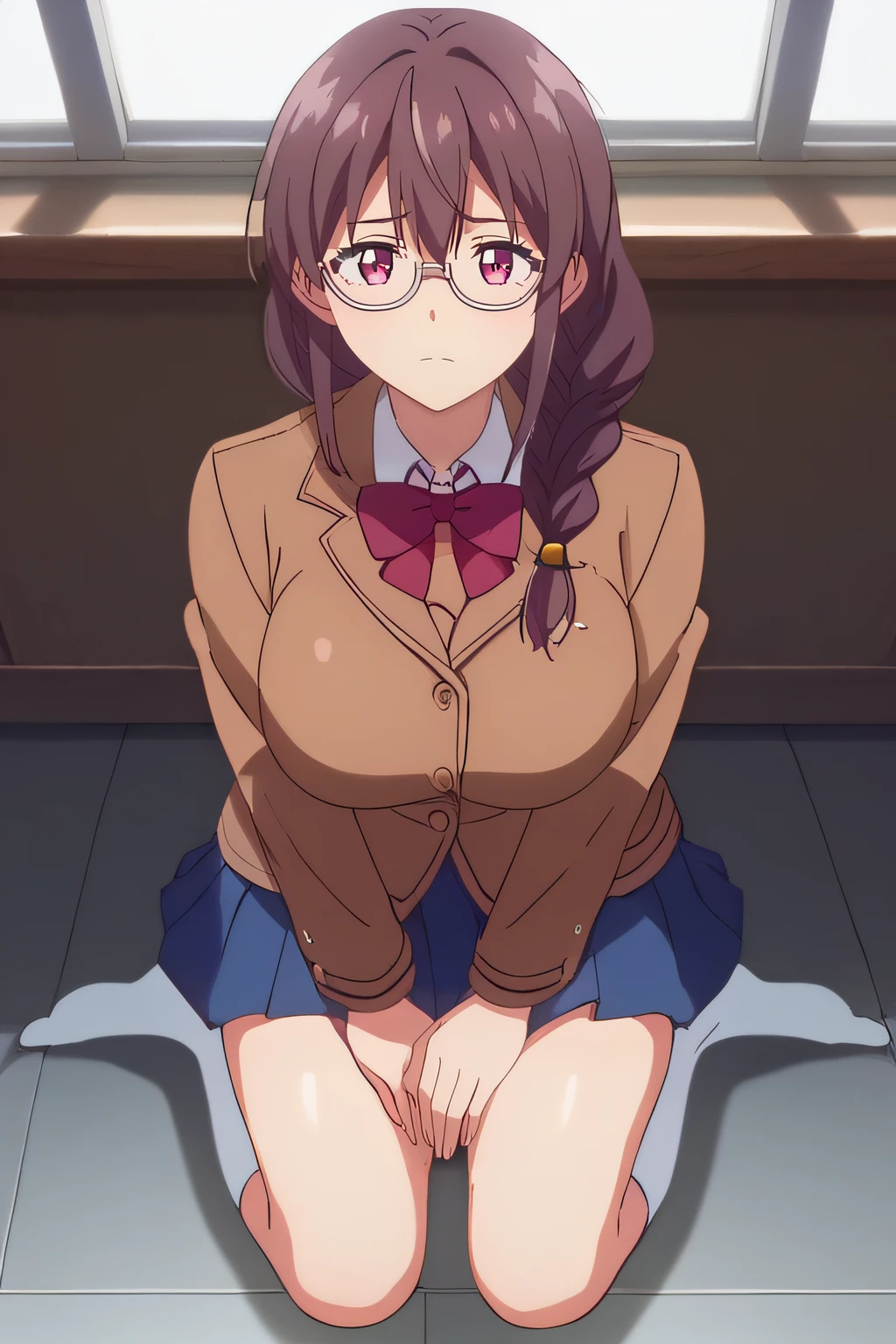 score_9, score_8_up, score_7_up, source_anime, rating_safe, intricate details, anime screencap, official style, <lora:Saitou_Fumika:1>, saitou, glasses, pink eyes, long hair, braid, hair over shoulder, red bowtie, brown jacket, large breasts, blue skirt, pleated skirt, looking at viewer, embarrased, five fingers, indoor, two hands, sad expression, sitting, kneeling, full body, white socks