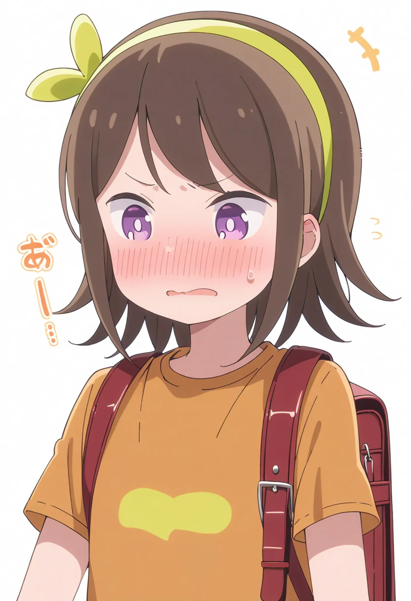 futaba,1girl, solo, blush, brown hair, t-shirt,yellow hairband, purple eyes, upper body, short hair, sweatdrop,white background,randoseru, school bag, 
<lora:aharen-san wa hakarenai A31 e1-000010:0.65>