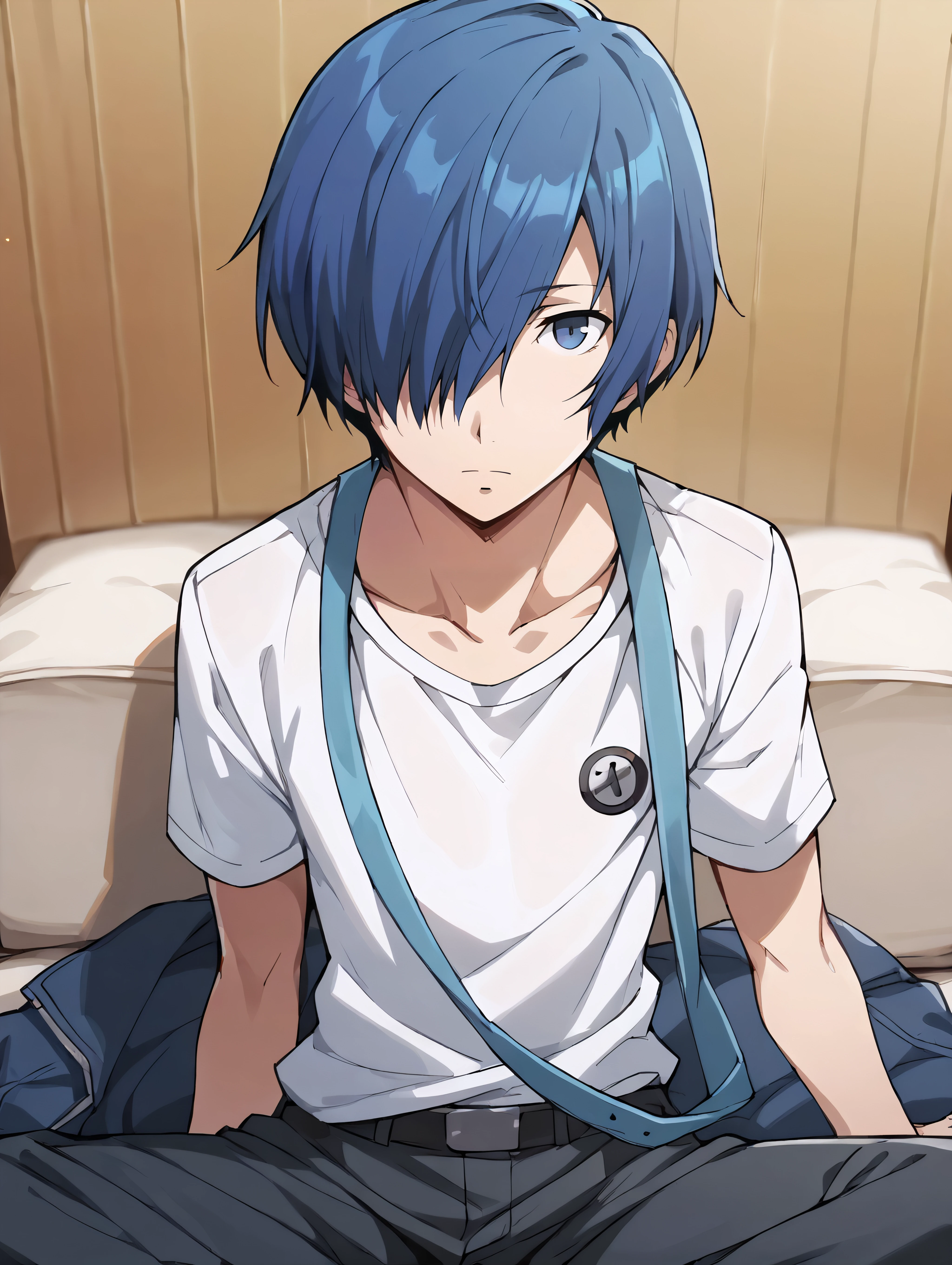 score_9, score_8_up, score_7_up, score_6_up, score_5_up, score_4_up, rating_explicit, BREAK solo, makotoyuki, yuuki makoto, 1boy, slim, blue eyes, blue hair, hair over one eye, short hair, shirt, <lora:MakotoYuki_PDXL:1>, sitting