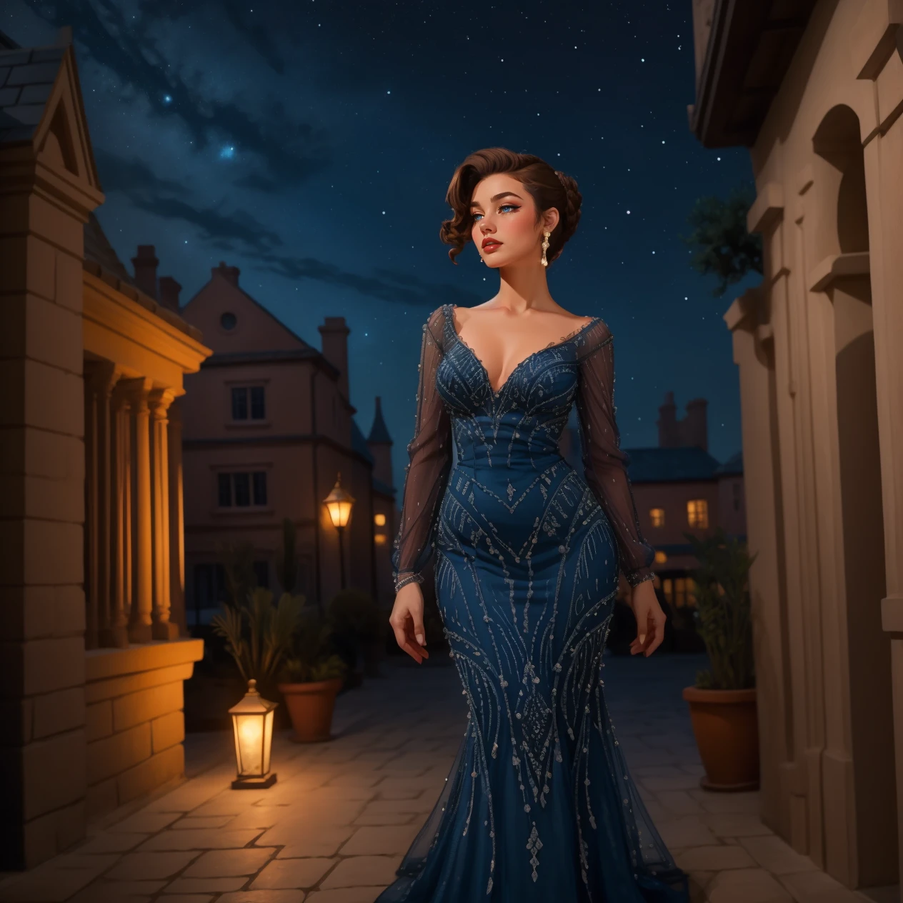 1girl, solo, brown hair updo, lipstick, standing, hud_bl_gwn, long blue V Neck beaded mermaid dress, see-through, long sleeves, high heels, <lora:blue_gown-000008:0.8>, courtyard, night sky