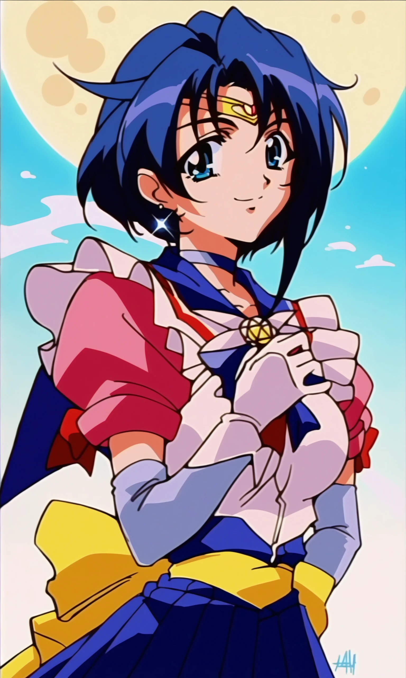 (score_9,score_8_up,score_7_up),source_anime,
1990s anime,1girl,solo,sailor senshi uniform,gloves,magical girl,blue eyes,skirt,choker,bow,short hair,tiara,blue hair,jewelry,elbow gloves,sailor collar,white gloves,sailor mercury,earrings,blue skirt,smile,blue sailor collar,full moon,blue choker,mizuno ami,brooch,hand on own chest,pleated skirt,circlet,water,sky,looking at viewer,retro artstyle,