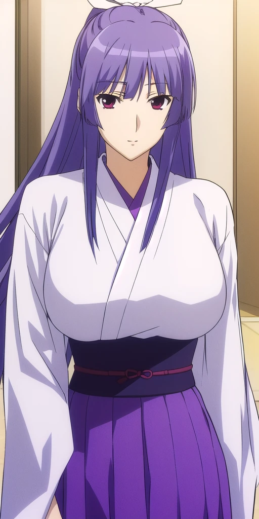 <lora:MiyaV3:0.7> asama_miya, huge_breasts, standing, solo, white_hair hair_ribbon, Miko_White_kimono_Purple_hakama_skirt_Wide_sleeves_Purple_sash, masterpiece, best_quality, detailed_face, detailed_eyes, highres, beautiful, detailed, absurdres,