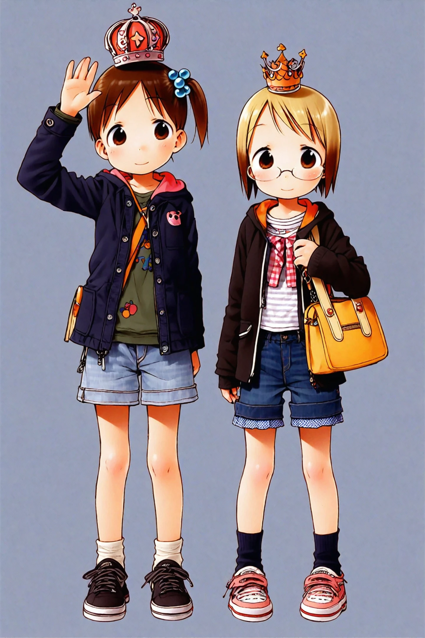 Barasui Style,
Miu Matsuoka,Chika Itou, Matsuri Sakuragi, multiple girls, 2girls, shoes, glasses, brown hair, shorts, bag, socks, short hair, crown, handbag, smile, jacket, brown eyes, white background, hair ornament, simple background, long sleeves, standing, hood, skirt, looking at viewer, hoodie, sneakers, bow, side ponytail, hair bobbles, waving, full body, shoulder bag, blonde hair, siblings, denim, shirt, open clothes, sisters, on head, frills,
<lora:super lora_flyx3_XL:0.8>,