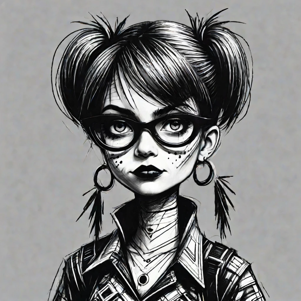 an avant-garde comic-style linocut, a Picassopunk-inspired Bratz doll emerges, embodying the bold and fragmented aesthetics of Picasso with the rebellious edge of punk. Her hair, styled in asymmetrical, geometric shapes, is adorned with Picasso-themed accessoriesâlike cubist hairpins, abstract shape clips, and colorful mosaic patternsâeach element painted in a vibrant palette of blues, reds, yellows, and greens