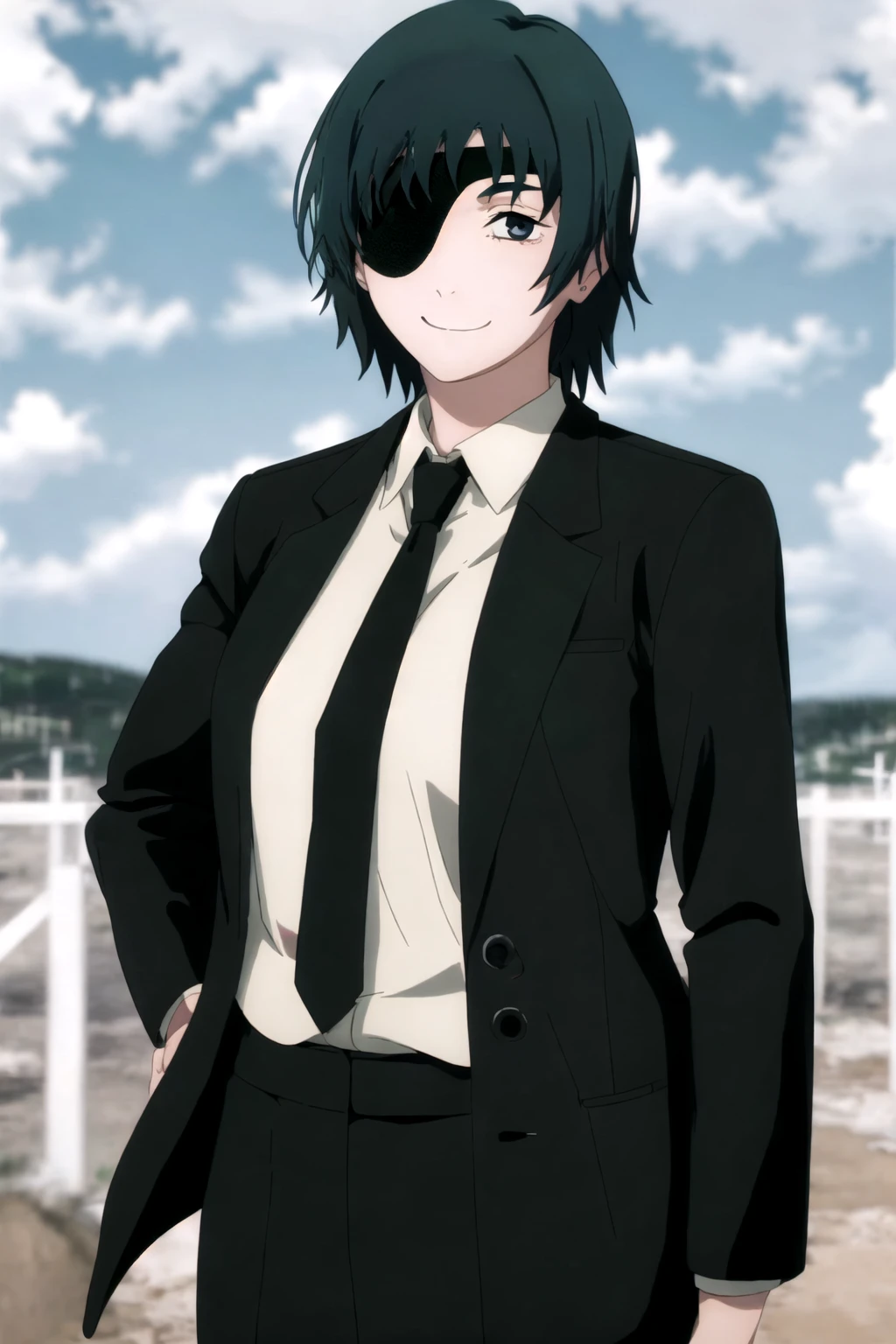 himeno, 1girl, smile, looking at viewer, outdoors, blue sky, jacket, white shirt, collared shirt, black necktie,, formal, black pants