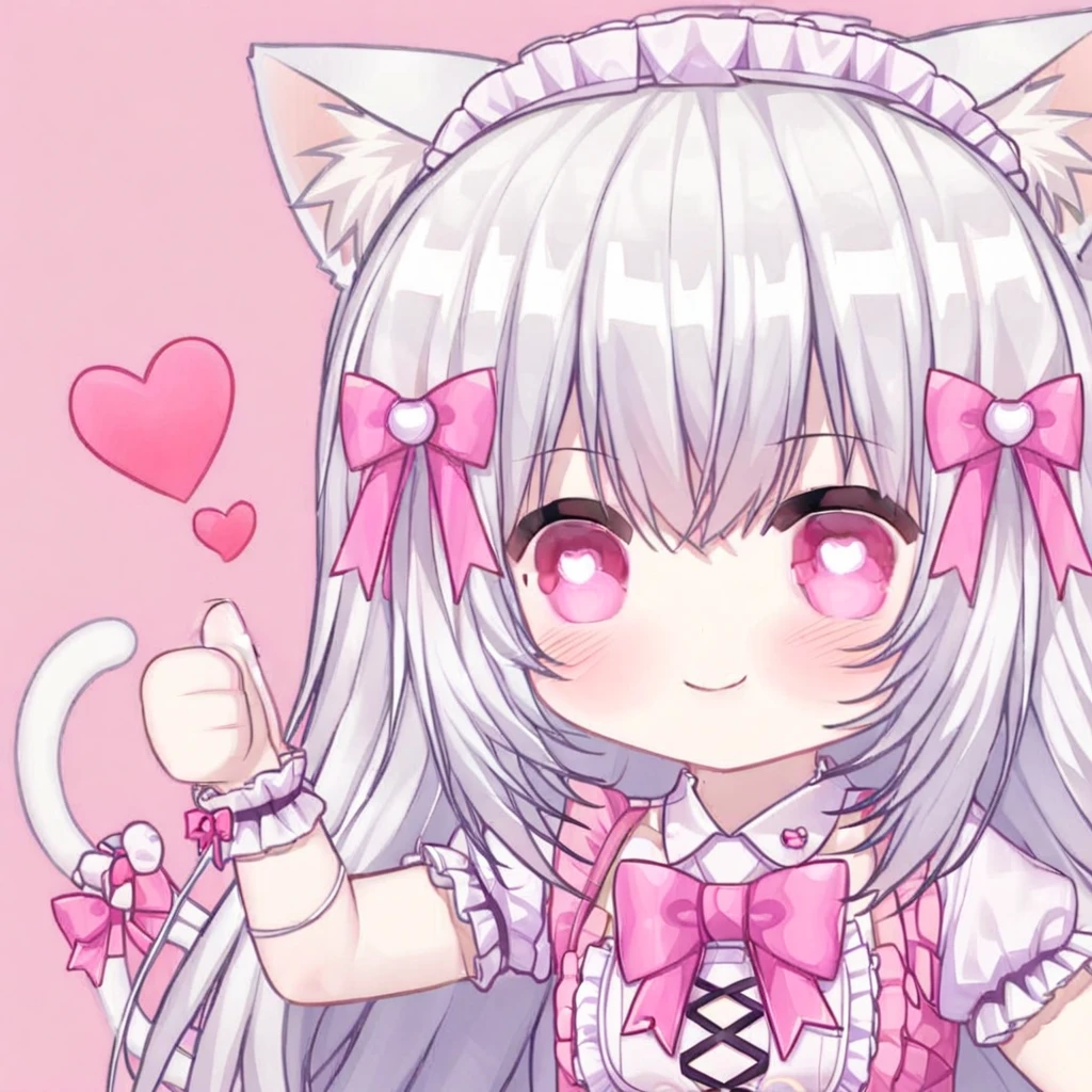 <lora:xl_aprob_(meme) :1>,smile,chibi,bright pupils,thumbs up,blush,Nyarutoru, pink skirt,white skirt, white thighhighs,dress, cat ears, animal ear fluff, pink eyes, heart,heart-shaped pupils, maid headdress, hair bow, <lora:Nyarutoru_xl:0.7>,simple background,, masterpiece, best quality,