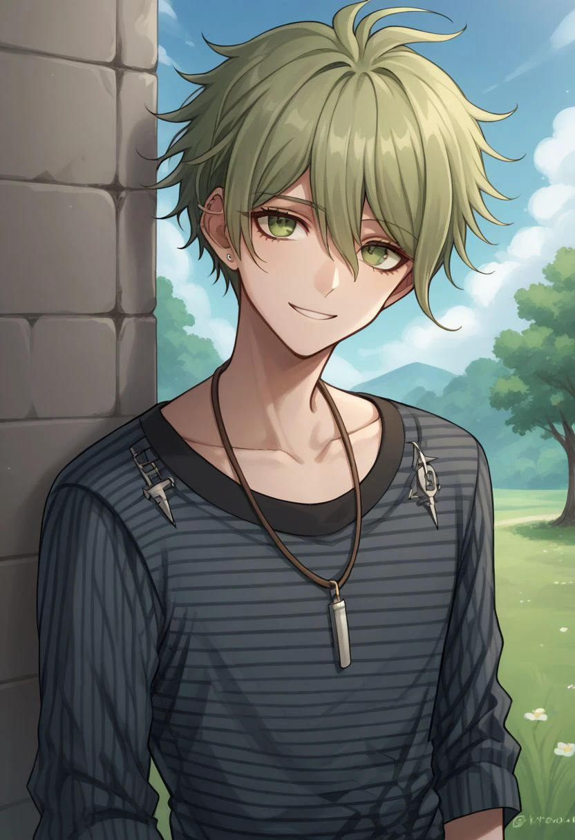 score_9, score_8_up, source_anime, highly detailed, 1boy, solo, skinny
rantaro, male focus, 1boy, jewelry, solo, shirt, smile, striped, ring, short hair, green hair, bangs, collarbone, green eyes, striped shirt, looking at viewer,
outdoors,