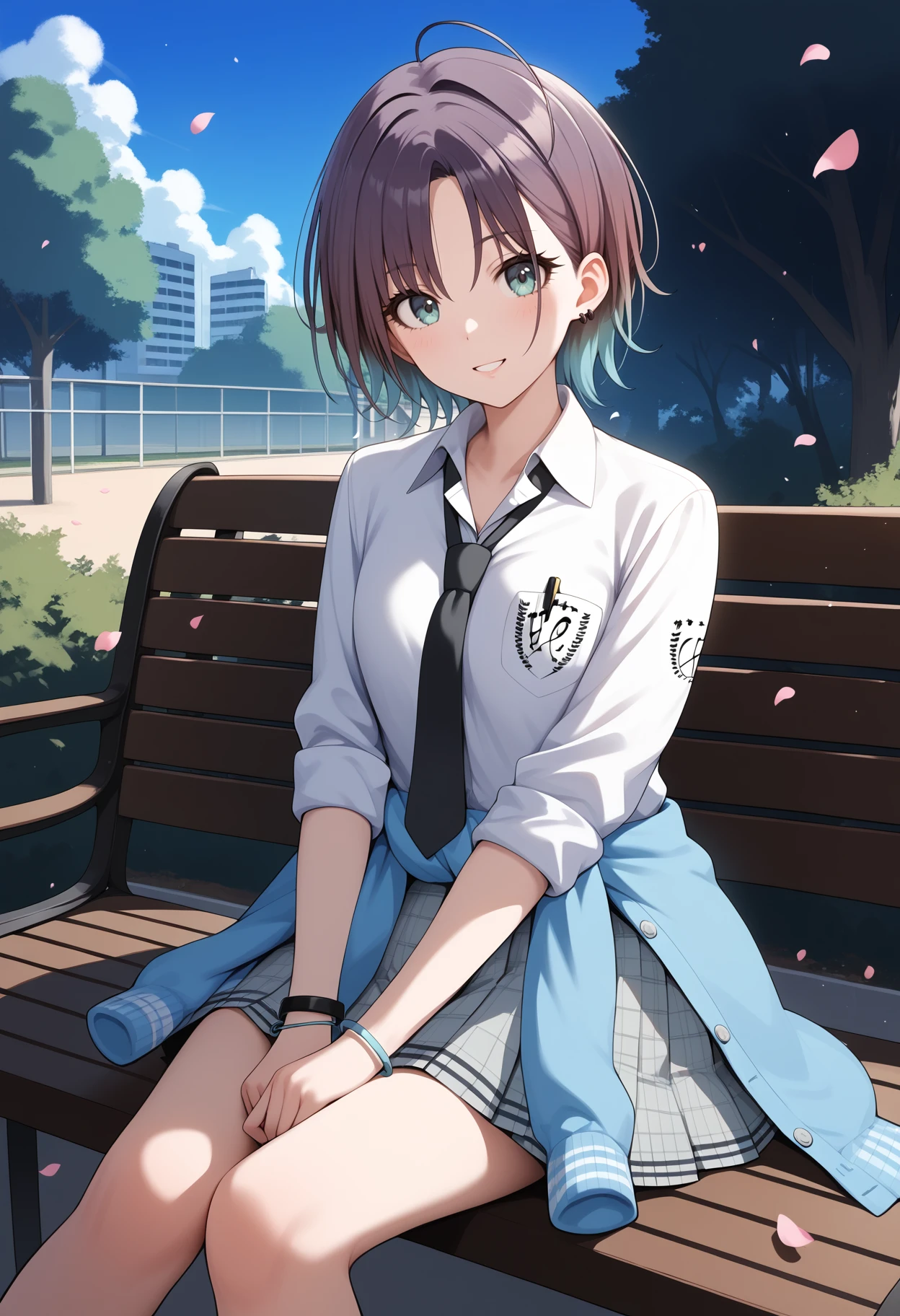 score_9, score_8_up, score_7_up, score_6_up, score_5_up, score_4_up, source_anime, aatoru, short hair, gradient hair, ahoge, earrings, school uniform, black necktie, collared shirt, white shirt, sleeves rolled up, breast pocket, bracelet, clothes around waist, plaid skirt, grey skirt, <lora:asakura_toru_ponyxl_v1:0.9>, bench, outdoors, sitting, :o, petals