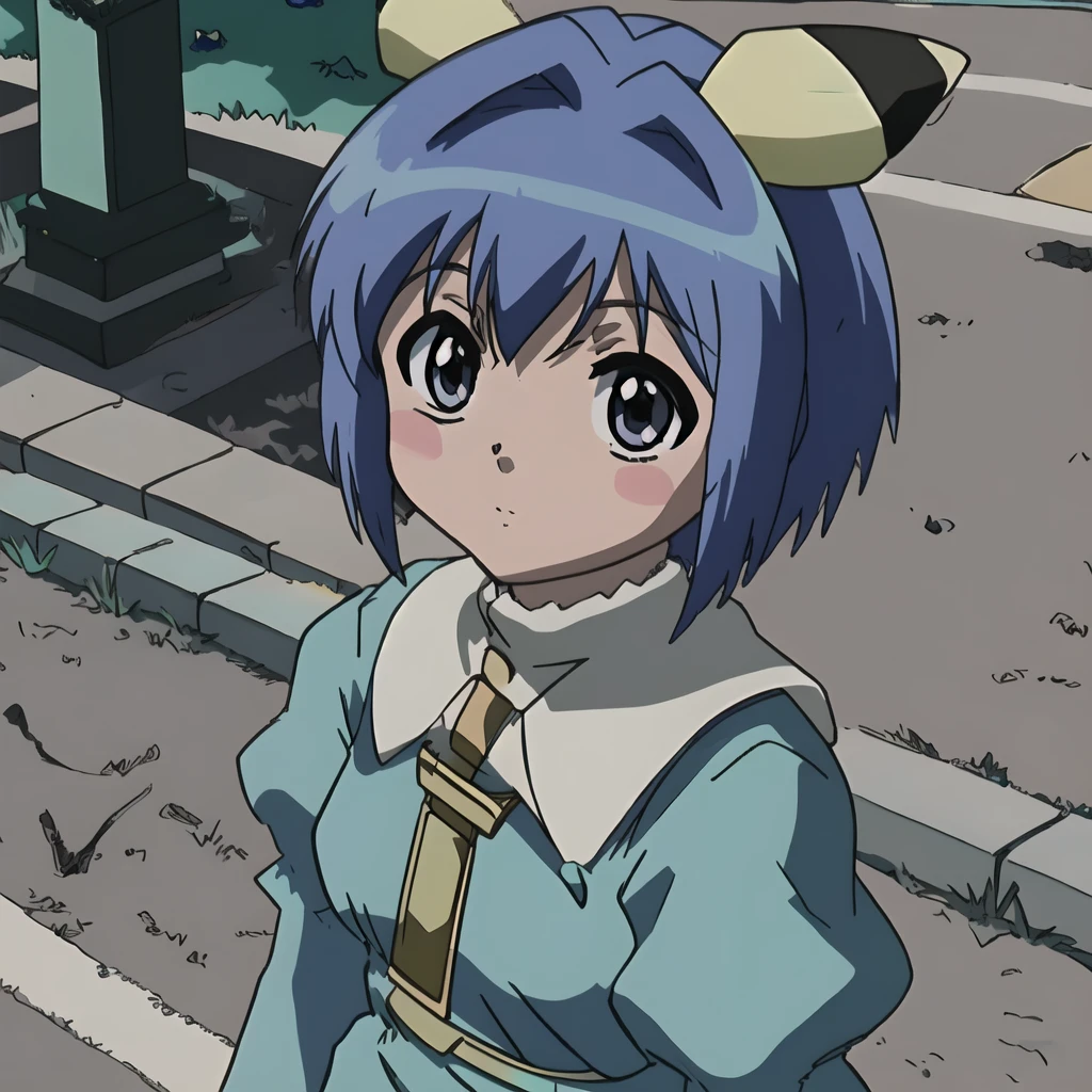 (anime coloring),(masterpiece),(best quality),(ultra-detailed),(best illustration),(best shadow),(absurdres),(detailed background), anime screencap, outdoors, school yard, day, sunlight, <lora:Fuyuno_YoshikawaTA-28:1>FuyunoYoshikawa, short hair, blue hair, animal ears, pikachu, hair ornament, hair intakes, dress, turquoise dress, cross, capelet, long sleeves, puffy sleeves, pendant, medallion, looking at viewer,