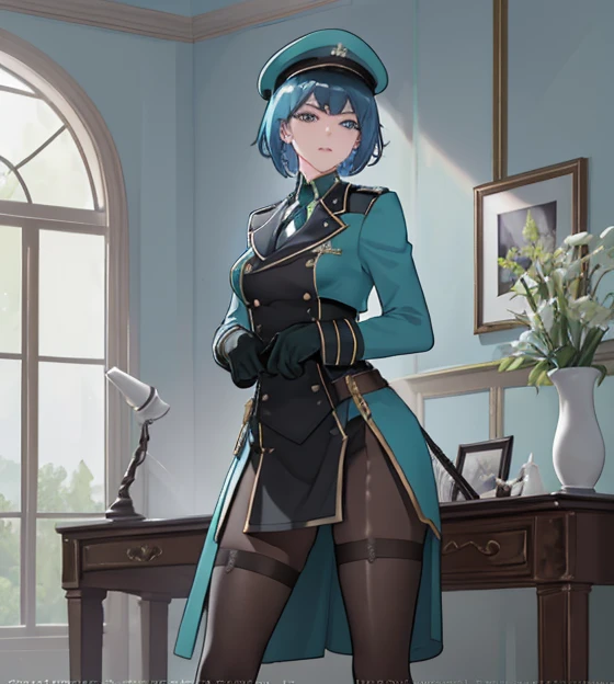 masterpiece, best quality, perfect image, best image, wallpaper, HD, UHD, best lighting, amazing, guard, blue hair, painter hat, green military uniform, gloves, pantyhose, holsters, black undershirt, short hair, detailed face, 