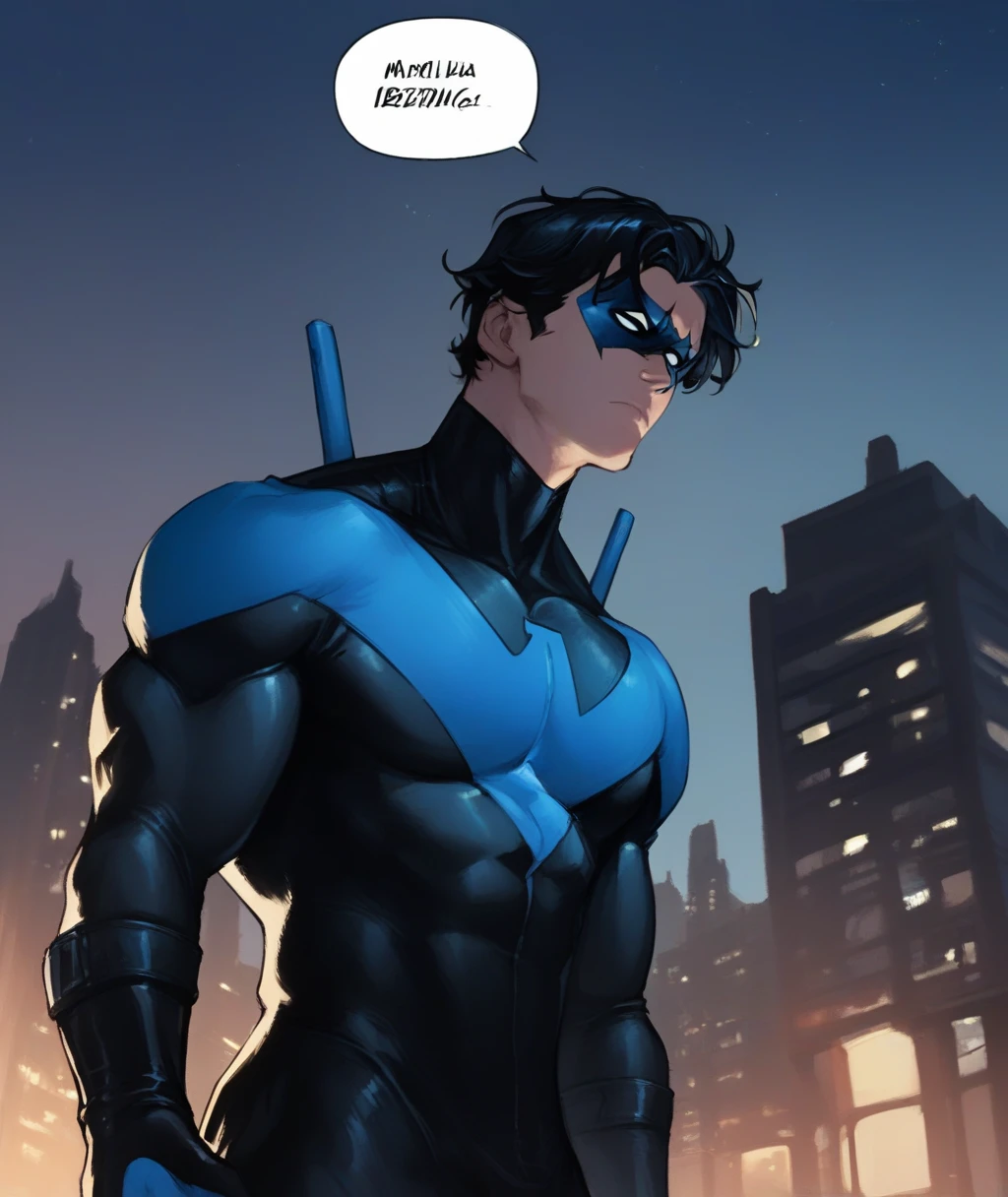 <lora:NightWing:1> score_9, score_8_up, score_7_up, nightwing, solo, short hair, blue eyes, black hair, 1boy, closed mouth, male focus, outdoors, sky, speech bubble, bodysuit, mask, muscular, night, moon, muscular male, night sky, black bodysuit, superhero, blue bodysuit, domino mask