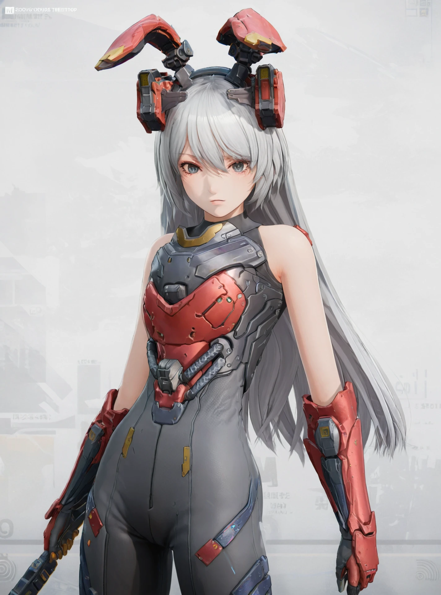 (1girl:1.2),(solo:1.2),realistic,masterpiece,best quality,highly detailed,best quality,illustration,highres,extremely detailed wallpaper,third-party edit,bodysuit,grey hair,perfect hands,serious expression,white background,mechanical rabbit ears,walking on future street,<lora:keluoliteLoraXL:0.7>,