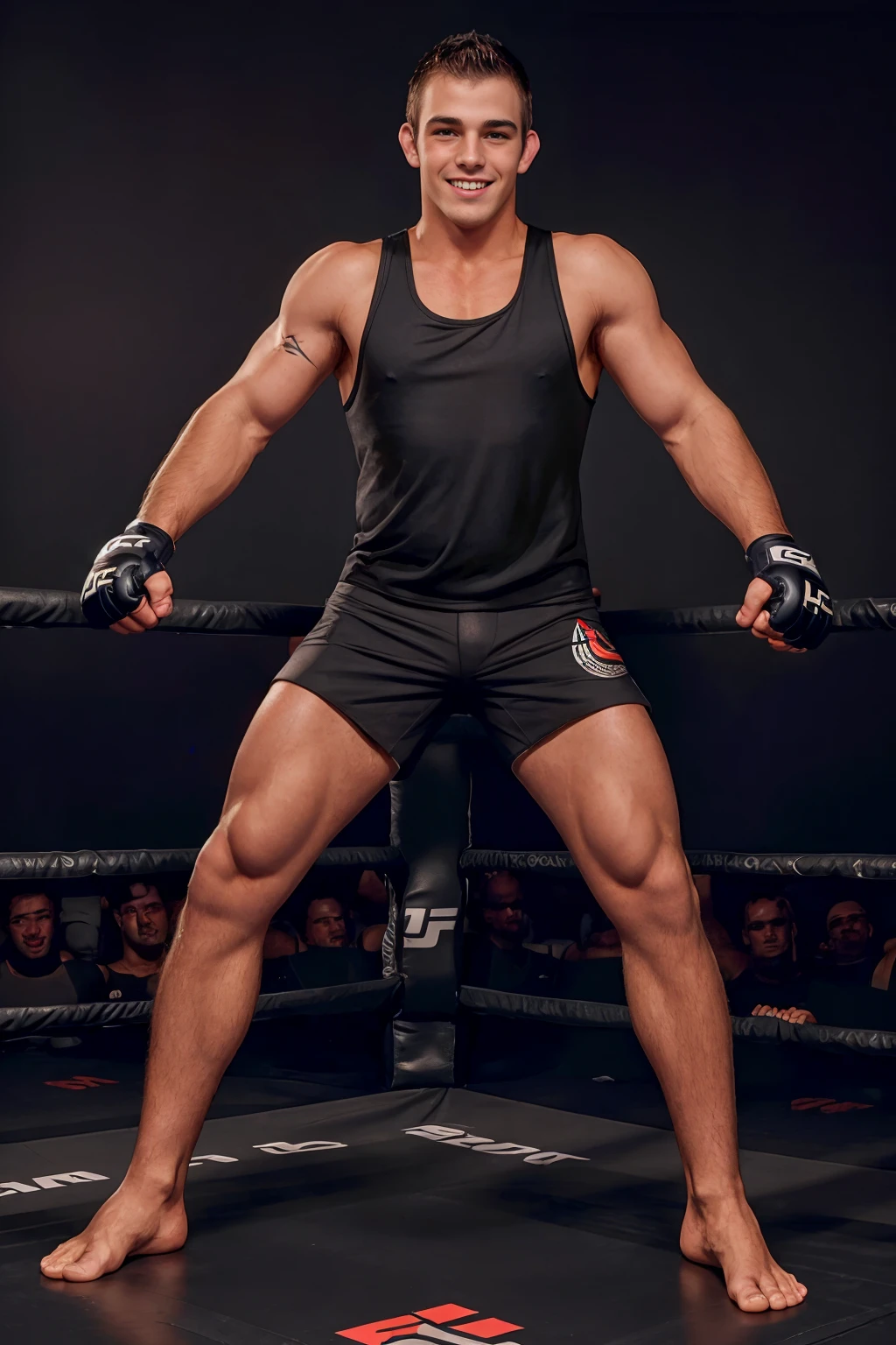 UFC fighting ring, cocky smile, ToryGeorge is a UFC fighter, (black tank top:1.4), Venum shorts, barefoot, (fighting gloves), (((full body portrait))), wide angle, (male focus)   <lora:ToryGeorge:0.8>