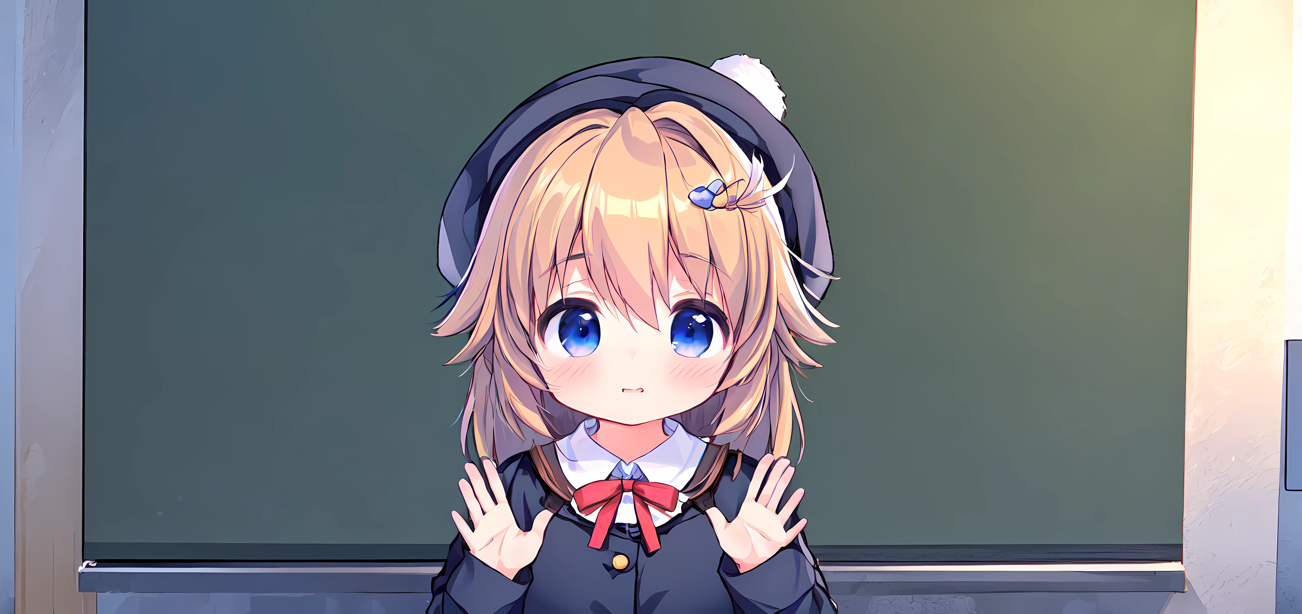 qiandaolizi,1girl,solo,kawaii,
student uniform,bag,beret,
in the outdoor,face_focus,front view,looking_at_viewer,
blush,waving,shy,embarrass,<lora:qiandaolizi_v2.0-000014:0.7>,, (masterpiece, best quality,:1.2)