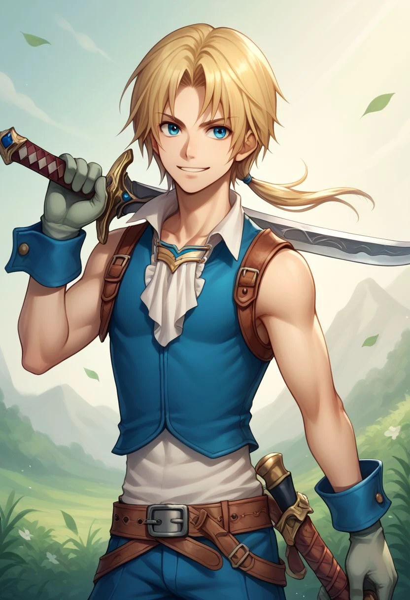 score_9, score_8_up, score_7_up, source_anime, highly detailed, 1boy, solo, skinny,
zidane, 1boy, blonde hair, medium hair, monkey tail, low ponytail, parted bangs,  weapon, male focus, solo, gloves, knife, dagger, sword, blue eyes, holding, dual wielding, smile, upper body,
outdoor,