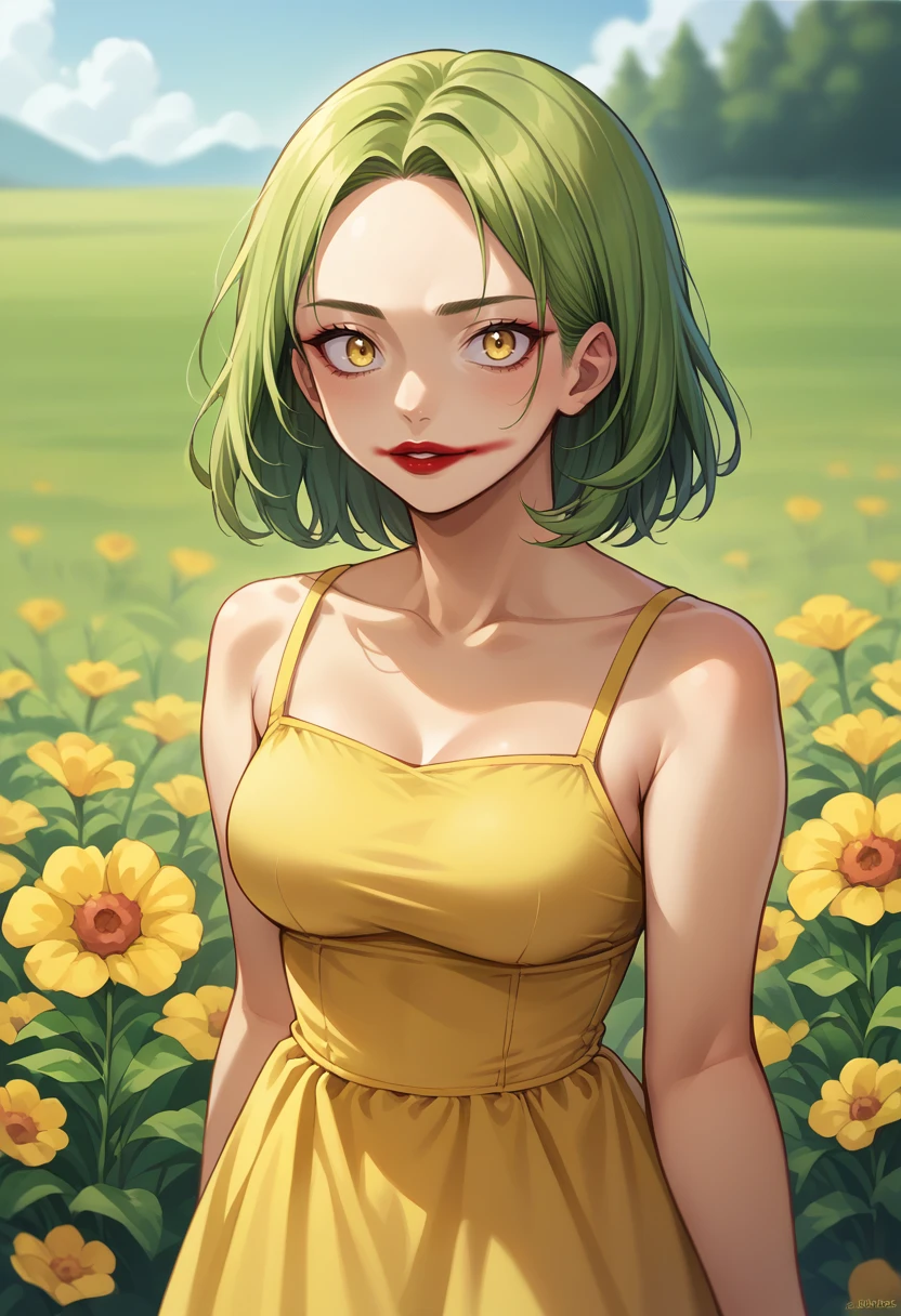 score_9, score_8_up, source_anime, 1girl, solo, green hair, medium hair, yellow eyes, medium breasts, yellow sundress, smeared lipstick, red lipstick, outdoors, flower field, <lora:ChamSmearedLipstickPonyXL:1>