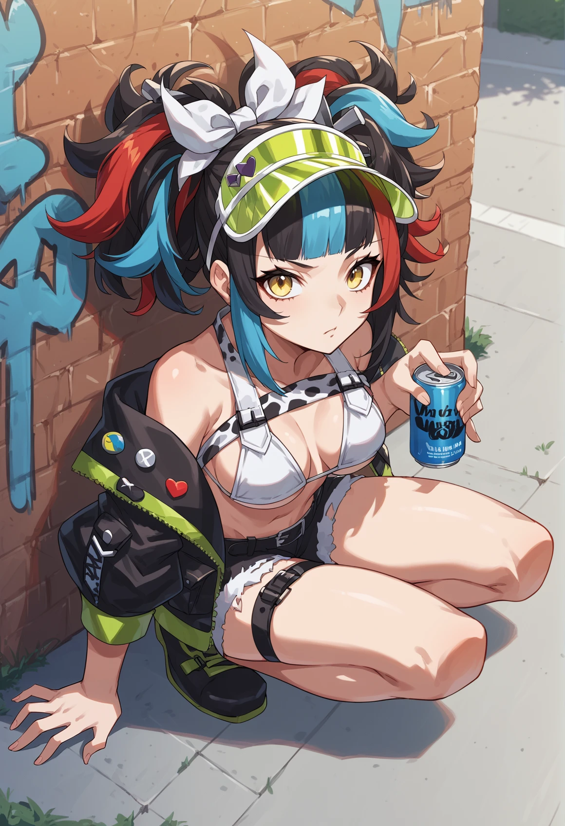 1girl, multicolored hair, black hair, red hair, blue hair, yellow eyes, hair ribbon, visor, bikini, cropped jacket, belt, shorts, Thigh Strap, headphones, outdoors, squatting, street, graffiti, holding can, looking at viewer, from above <lora:Nagiko:1>, score_9, score_8_up, score_7_up, score_6_up, score_5_up, score_4_up, BREAK source_anime, masterpiece