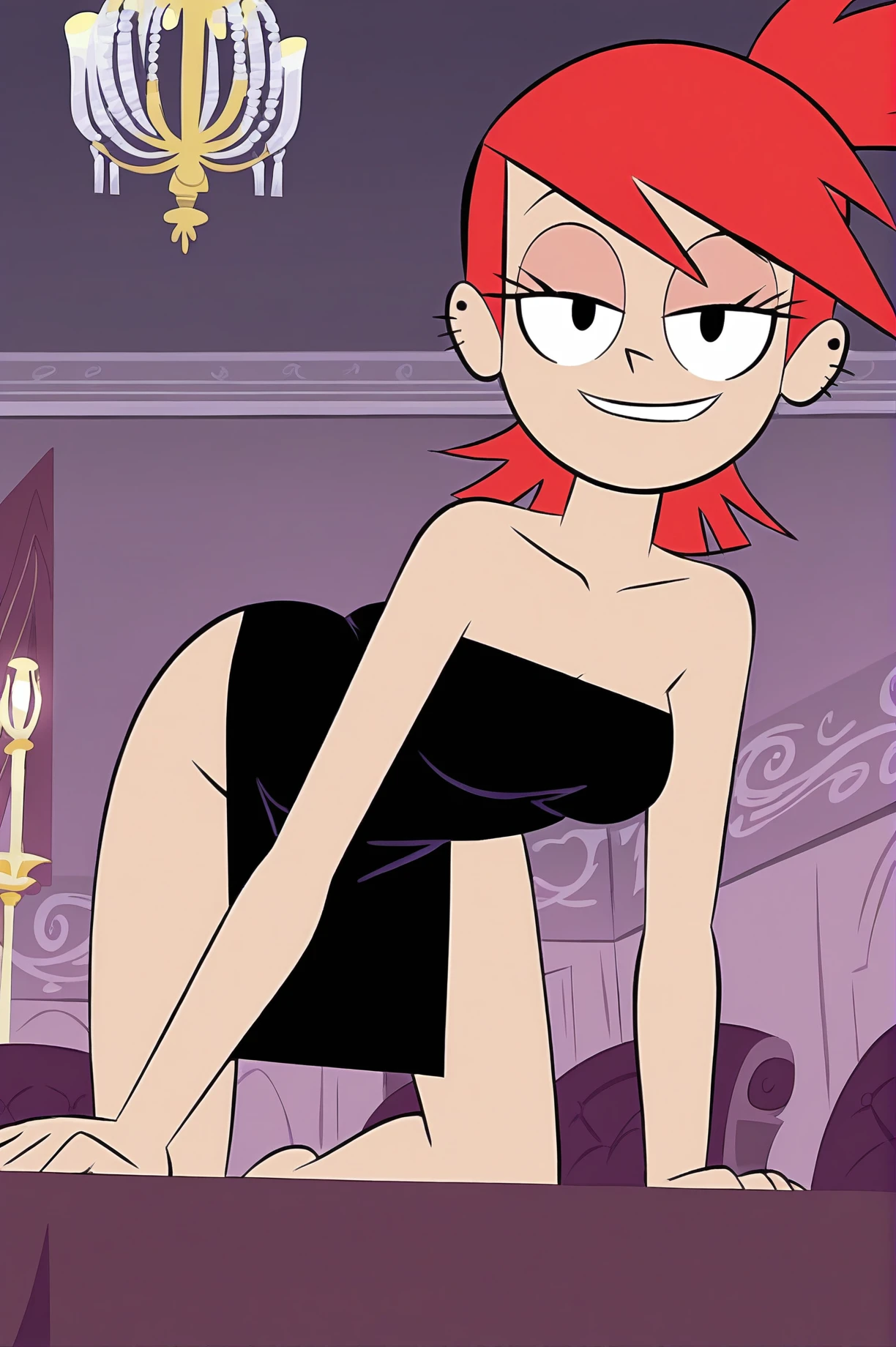 FrankieFoster, expensive bedroom, chandelier, black dress, smug, beautiful, on all fours, ass up , crawling on viewer, from below, collarbone , head tilt, on viewer , <lora:FrankieFosterCartoonXL-10:0.8>