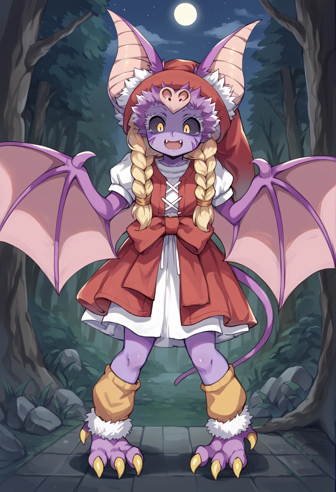 1girl, solo veronica dq11,hat,dress,bracelet, smile <lora:veronica dq11PonyXL:1> harpy, monster girl, yellow eyes, Black Sclera, claws, fang, fur trim, bat wings, bat ears, tail, colored skin, bat girl, purple skin, outdoors, forest, night, night sky, <lora:Succubat_XL:1> looking down, surprised, panicking, shaded face, blonde hair, long hair, twin braids, score_9, score_8_up, score_7_up, score_6_up, score_5_up, score_4_up, BREAK source_anime, masterpiece