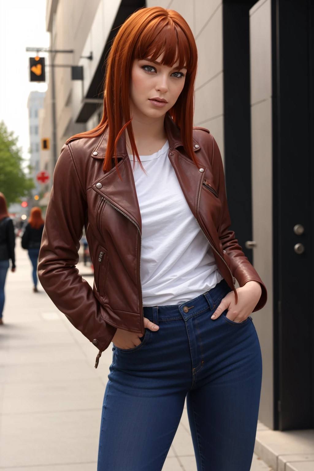 <lora:mondongo_LoRA_AlexaNova:0.9> mndngwmn, bangs, redhead, (ultra realistic, 8k,high quality), natural lighting,, wearing a leather jacket,white t-shirt, jeans, on a city downtown, daytime