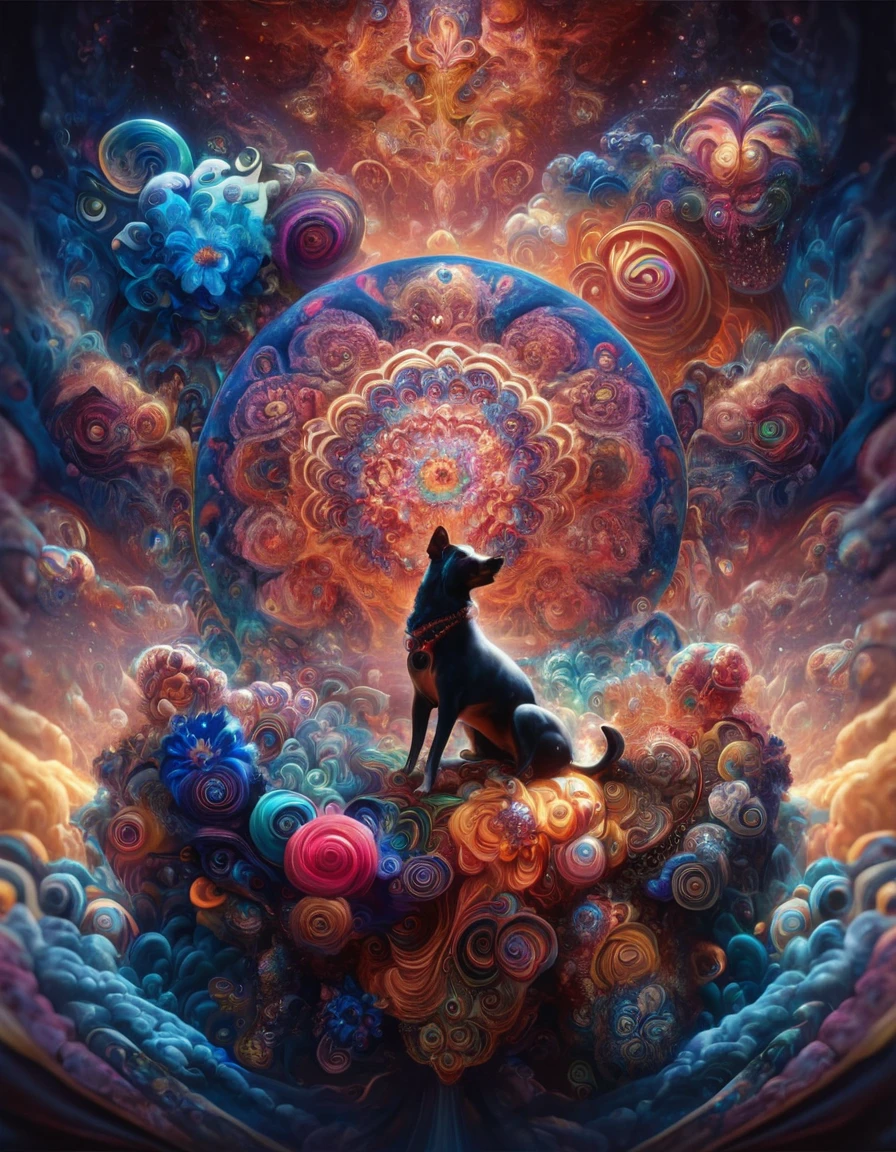 Masterpiece score_9, score_8_up, score_7_up, psychedelicv2lora, sky, dog, sitting on a cloud . Exquisite detail, flawless composition, high-resolution, stunning quality