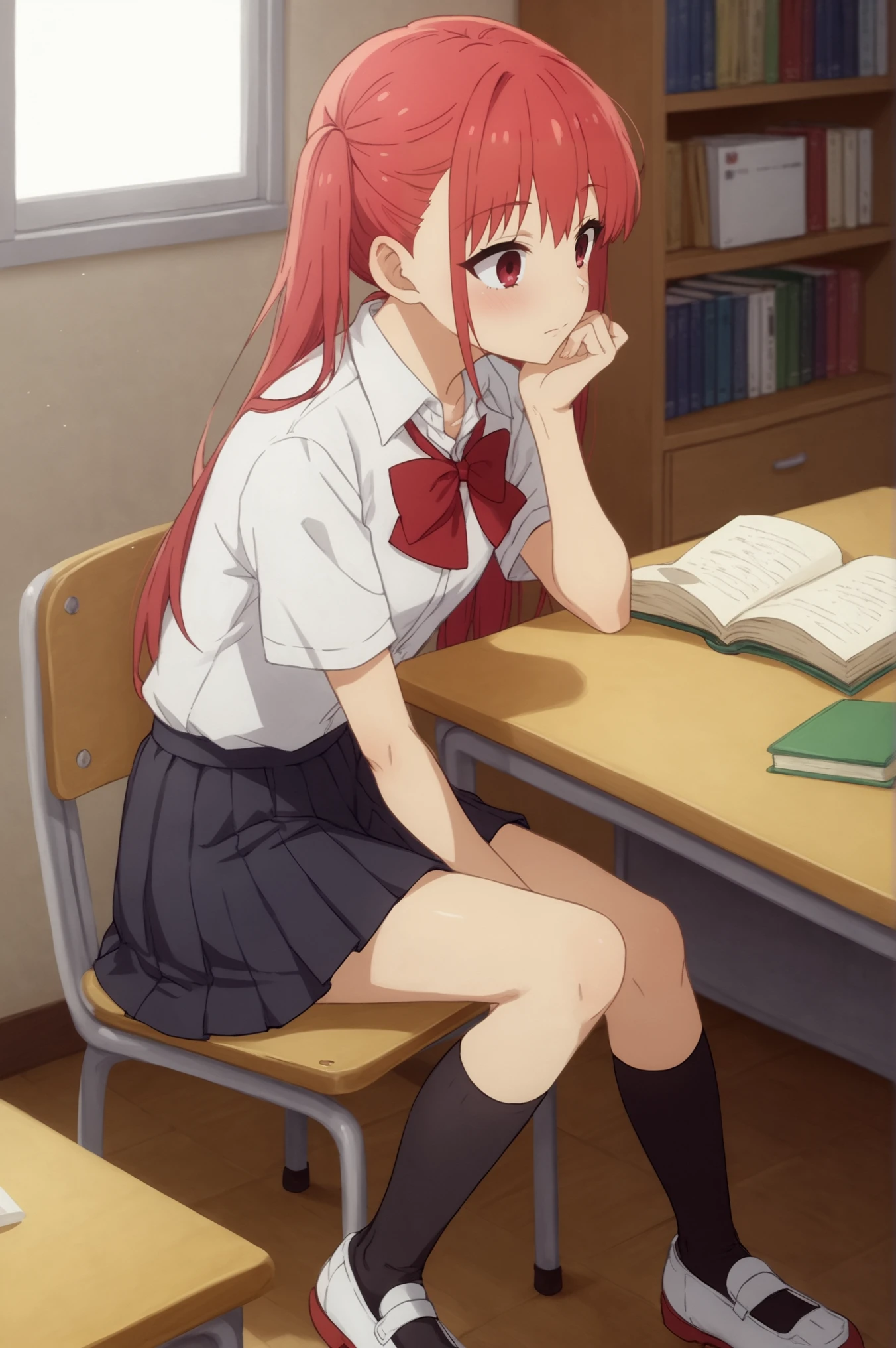 score_10, score_8_up, score_7_up, <lora:Remi_Ayasaki:0.8>, Remi Ayasaki, 1girl, solo, long hair, shirt, skirt, bow, sitting, school uniform, white shirt, short sleeves, red hair, pleated skirt, shoes, socks, indoors, bowtie, red bow, book, chair, table, black socks, desk, bookshelf, calendar \(object\) <lora:sdxl_lightning_4step_lora:1>,