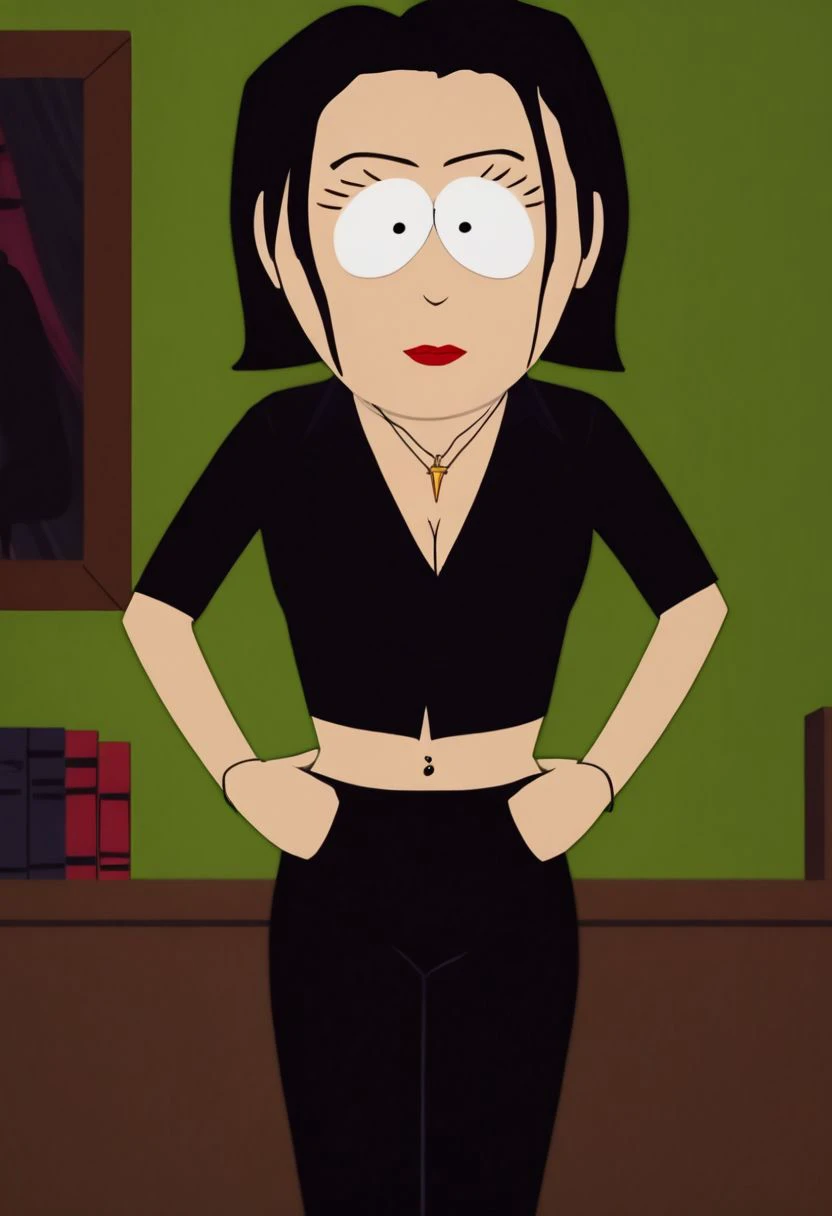 Score_9_up, score_8_up, score_7_up, Score_9_up, score_8_up, score_7_up, 1girl, solo, mrsellensp, black hair, red lips, necklace, black shirt, cleavage, midriff, black pants, hands on hip, bedroom, sultry look, (s0uthp4rk:1.3)