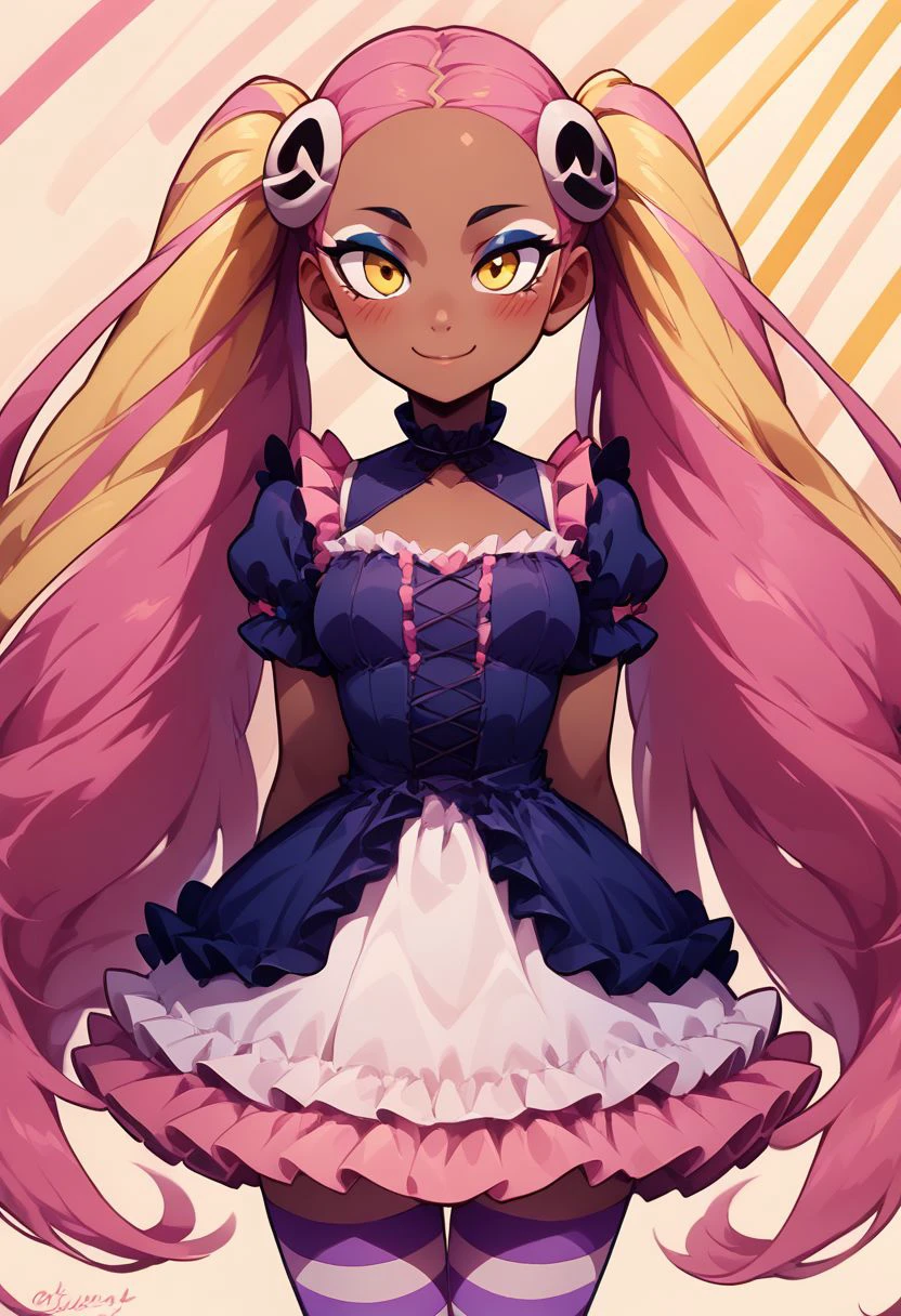 score_9, score_8_up, score_8, medium breasts, (curvy), cute, eyelashes,     
BREAK,
zzPlumeria, pink hair, multicolored hair, blonde hair, two-tone hair, long hair, yellow eyes, hair ornament, quad tails, breasts, eyeshadow, skull hair ornament, dark skin,
BREAK,
 closed mouth, alternate costume, smile, looking at viewer, blush, 
zzLFashion, frilled dress, frills, bow, dress, striped thighhighs,,
zPDXL,