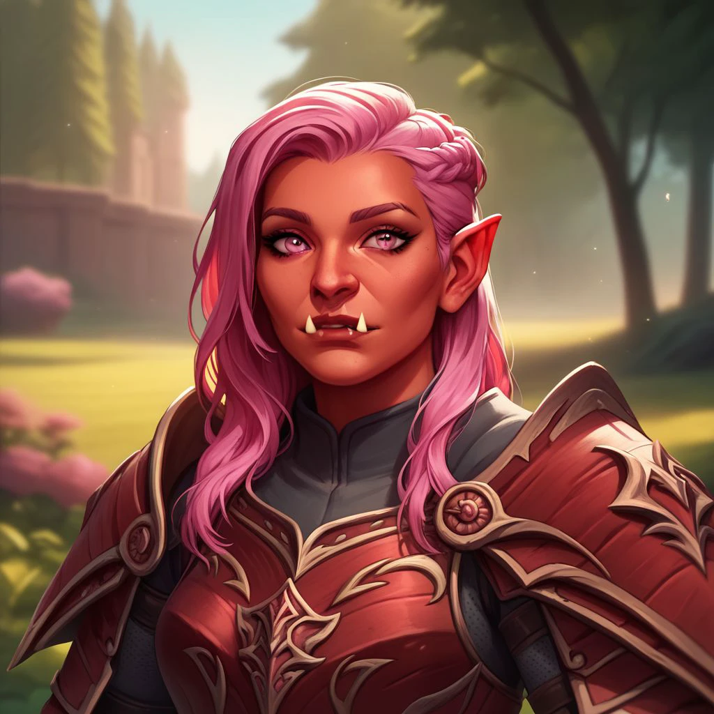 (((beautiful, high quality))), upper body, score_9, score_8_up, score_7_up, solo,
looks at the viewer, 
Hobgoblin, red skin, fangs, big nose, 1girl, pink eyes, long pink hair, armor,
outdoor, fantasy background, nature, blurred background,