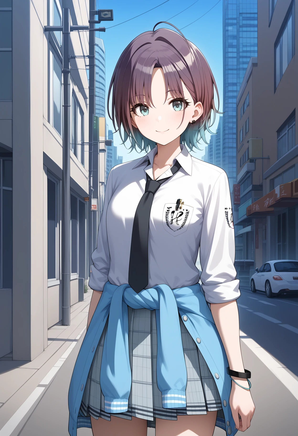 score_9, score_8_up, score_7_up, score_6_up, score_5_up, score_4_up, source_anime, aatoru, short hair, gradient hair, ahoge, earrings, school uniform, black necktie, collared shirt, white shirt, sleeves rolled up, breast pocket, bracelet, clothes around waist, plaid skirt, grey skirt, <lora:asakura_toru_ponyxl_v1:0.9>, standing, cowboy shot, outdoors, city, street, smile, closed mouth,