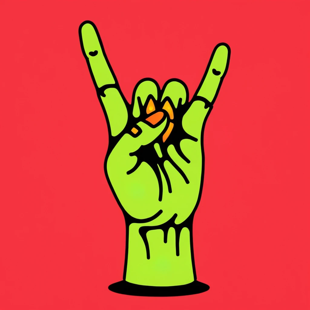 tcc_simple_illustration, a zombie hand holding up rock horns <lora:Simple_Bold_Illustration:1.1> , red background