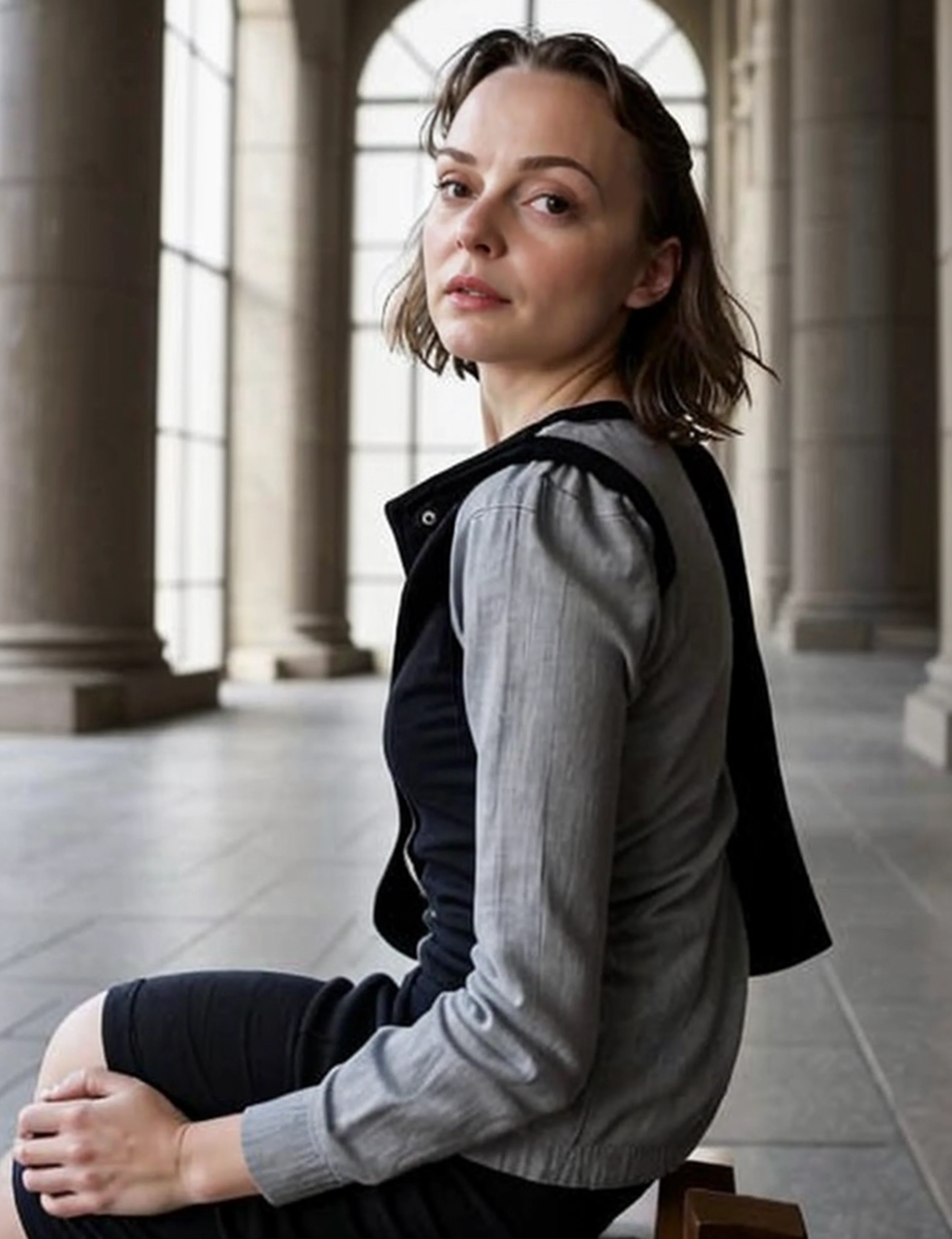 a professional absurdres photorealistic intricately detailed portrait photograph of (AnastasiaPronina:0.95),
sitting akimbo in front of a town square fountain,