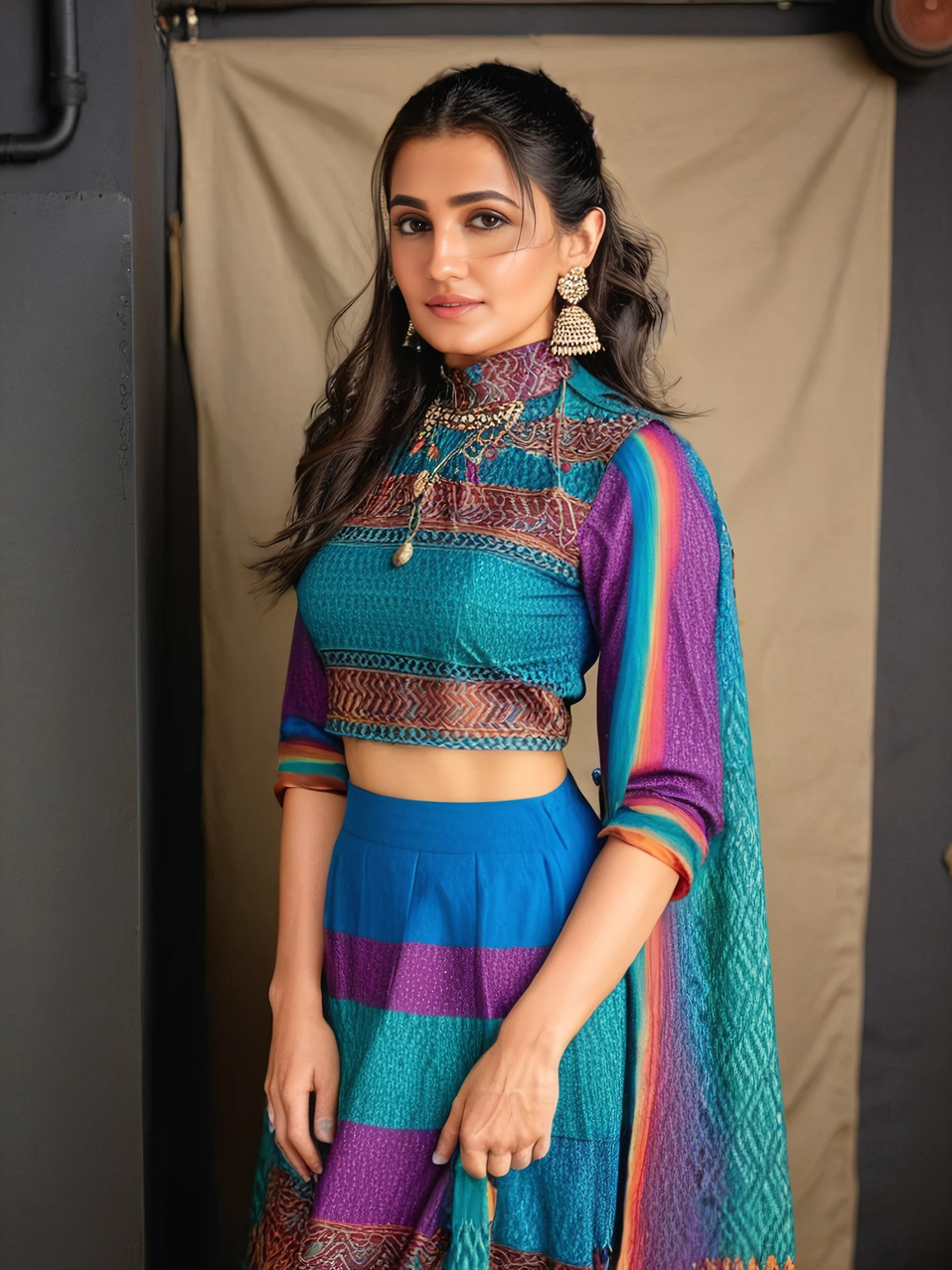 full body photo of a 30-year-old vedika pinto, colorful modest high neck western wear, looking at camera, film grain, day time at Design Studio in bokeh <lora:vdka_Vedika_Pinto_SDXL_LoRA_adafactor-step00002000:1>