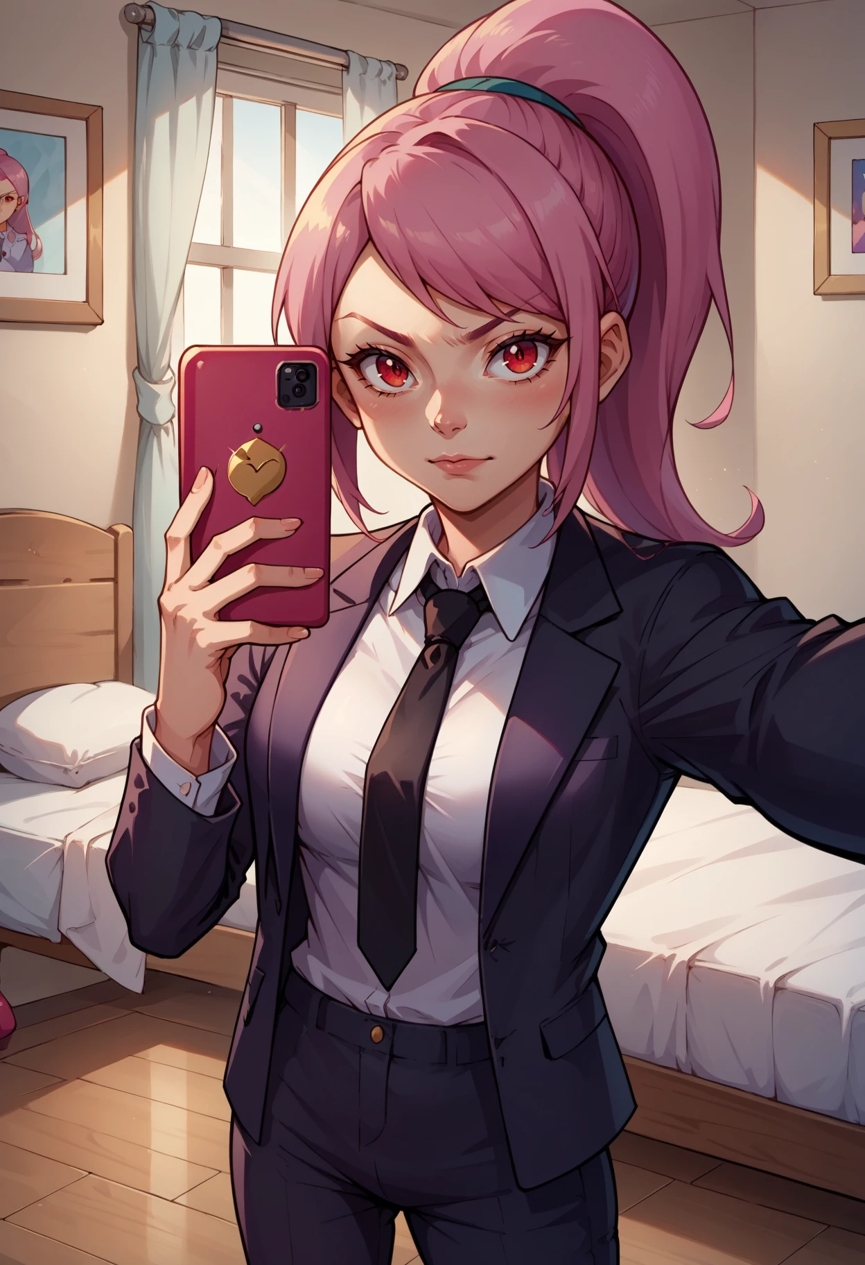 score_9, score_8_up,score_7_up, source_anime, 1girl, solo, <lora:EPpkLavana:1.0>, EPpkLavana, pink hair, high ponytail, long hair, sidelocks, swept bangs, red eyes, business suit, black pants, white collared shirt, black suit, black jacket, black necktie, selfie, taking picture, mirror selfie, bedroom, bed, mirror,