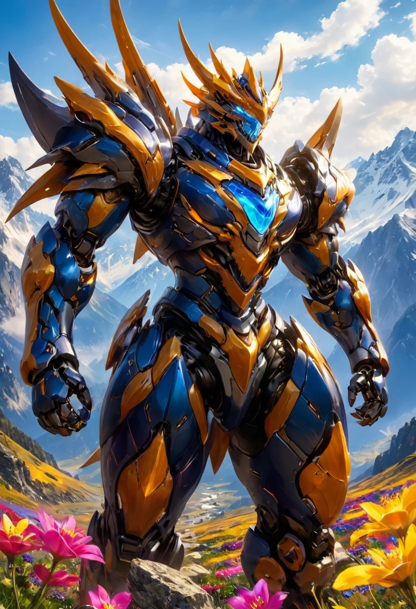 Super realistic,photography,cinematic lighting,A robot wearing heavy armor stood at the top of a mountain,with colorful wildflowers blooming at its feet,the dragon mech had an armor of teeth and claws,the armor was sharp enough to keep people away,highly saturated,brilliant colors,glowing<lora:p19-nijimecha-000006:0.7>,nijimecha,<lora:Hyper-SDXL-8steps-CFG-lora:0.3>,