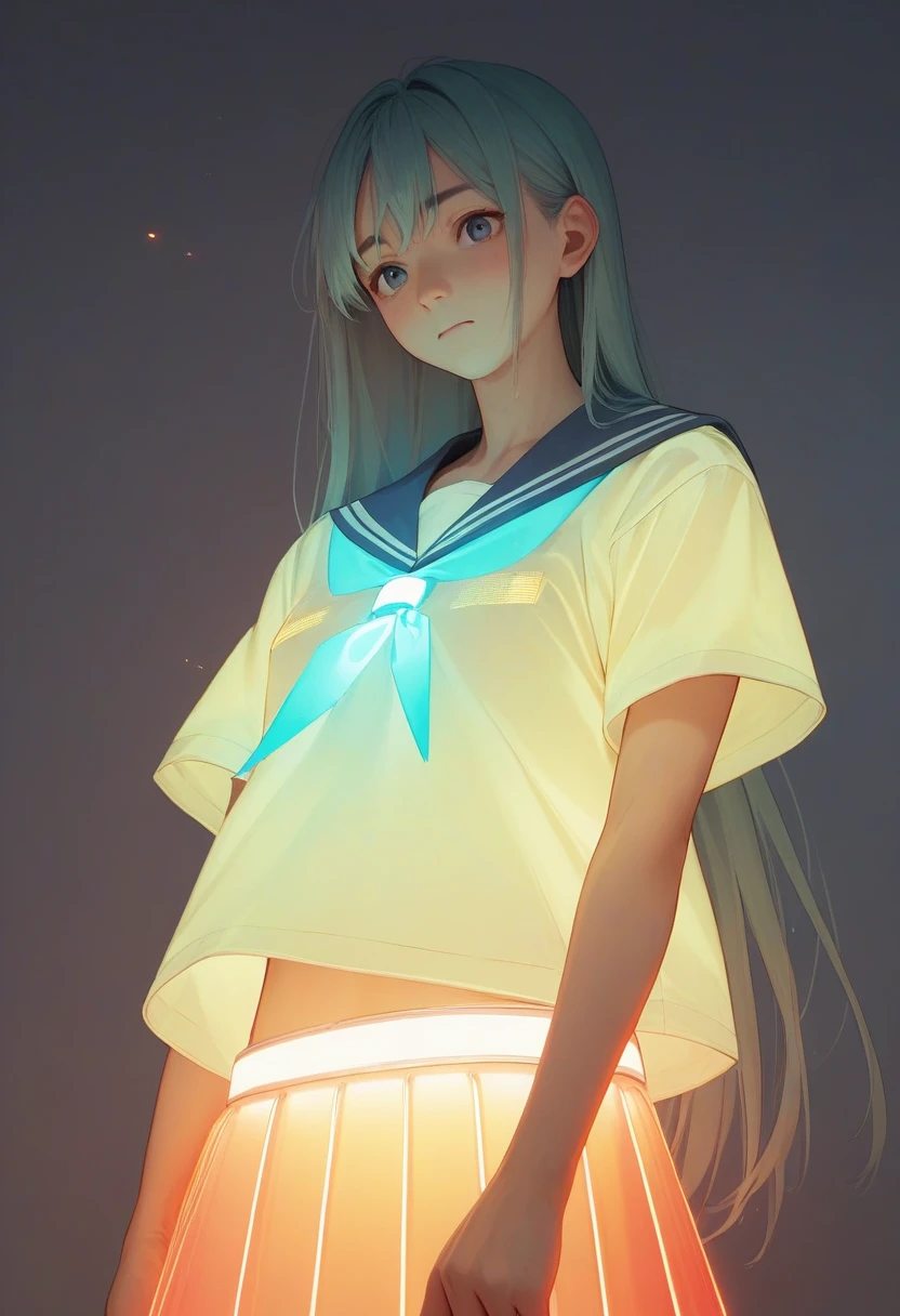 score_9, score_8_up, score_7_up, score_6_up, source_anime, <lora:laser_light_clothes_v0.5-pony:1>
1girl, long hair, serafuku, 
laser light shirt, laser light skirt, short sleeves,