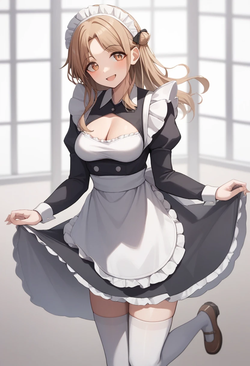 score_9,score_8_up,score_7_up,<lora:ichikawa_hinana_pony:1>,medium_breasts, cleavage_cutout, smile, absurdres, juliet_sleeves, alternate_costume, maid_headdress, apron, blush, standing, enmaided, breasts, white_thighhighs, highres, dress, thighhighs, looking_at_viewer, puffy_sleeves, skirt_hold, white_apron, clothing_cutout, ichikawa_hinana, long_sleeves, maid, solo, 1girl, standing_on_one_leg