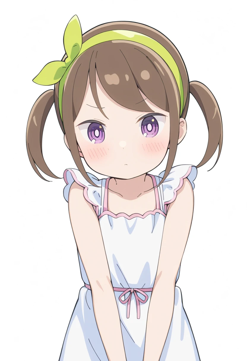 futaba,1girl,solo, brown hair, hairband, purple eyes, blush,looking at viewer, closed mouth, bangs, dress, green hairband,dress,twintails, white background,
<lora:aharen-san wa hakarenai A31 e1-000010:0.65>