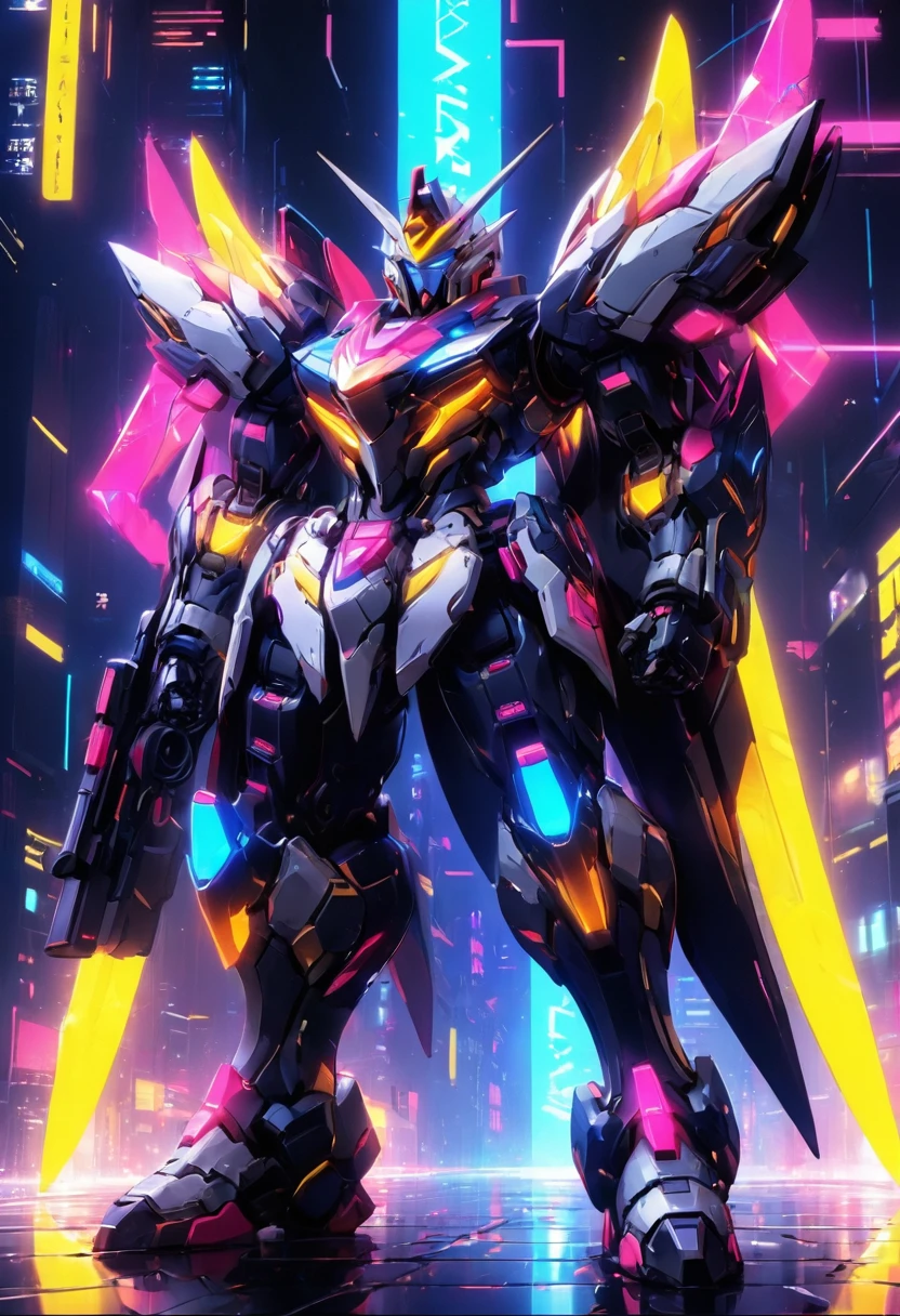 Game Illustration,League of Legends Splash Art,Gundam RX-78An abstract neon design of a glowing,intricate details and neon - colored patterns,set against a dark,abstract background,full body,cyberpunk,science fiction<lora:p19-nijimecha-000006:0.7>,nijimecha,<lora:Hyper-SDXL-8steps-CFG-lora:0.3>,