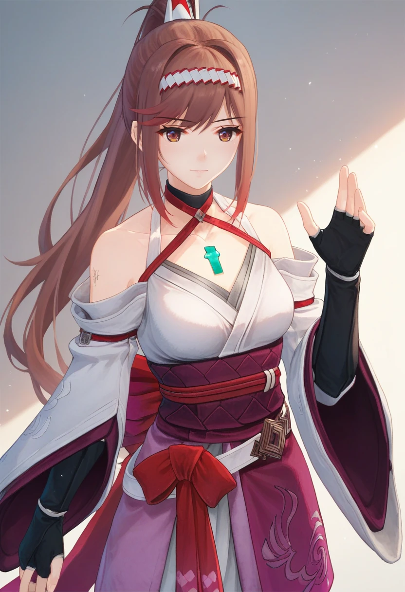 score_9, score_8_up, score_7_up, 1girl, solo, halterneck kimono, ribbon, black choker, wide sleeves, white belt,pink skirt, fingerless elbow gloves, cowboy shot, brown eyes, hairband, chest jewel, glimmer, ponytail, looking at viewer<lora:glimmer xl 044 fro 95:1>