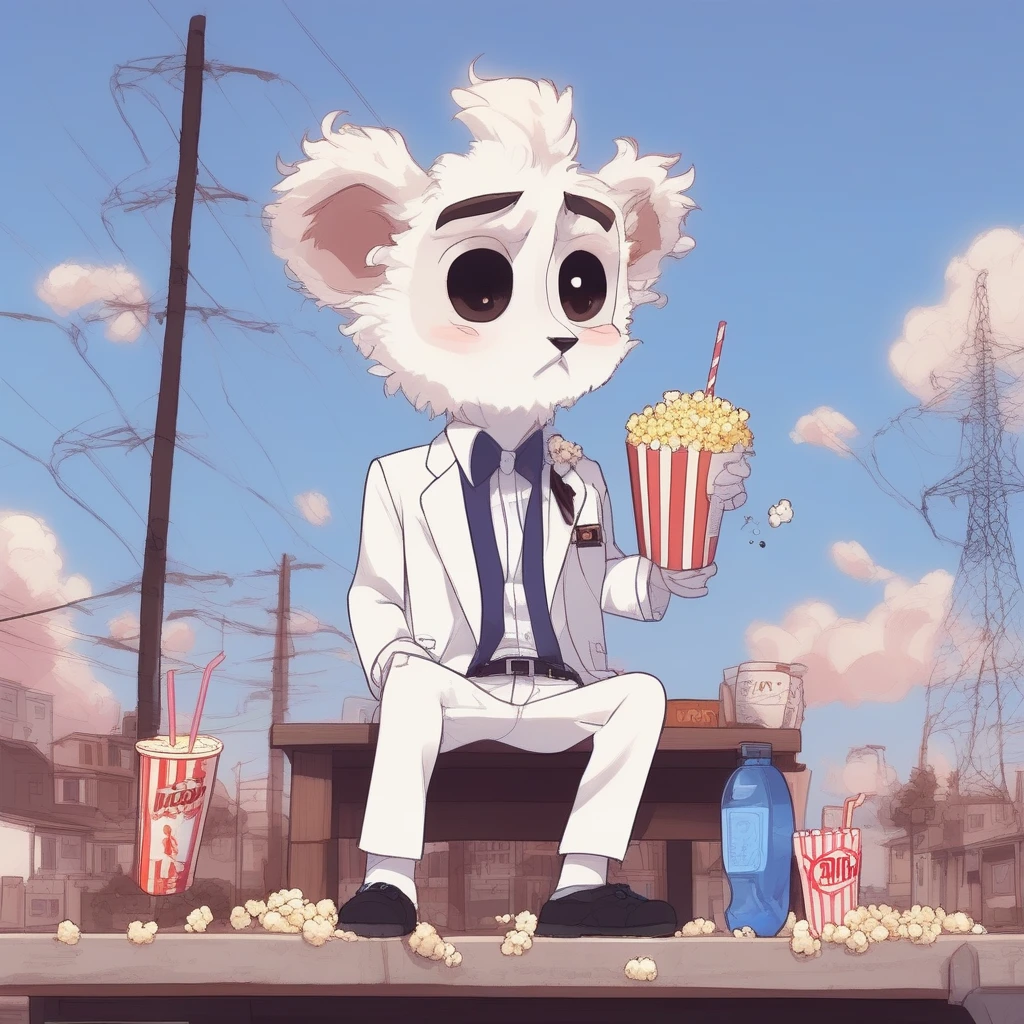 lamp, plant, white suit, shorts, popcorn, crossover, bottle, earrings, furry, open clothes, food, power lines, topless male, black sclera, drinking straw, blush, blue sky, shoes