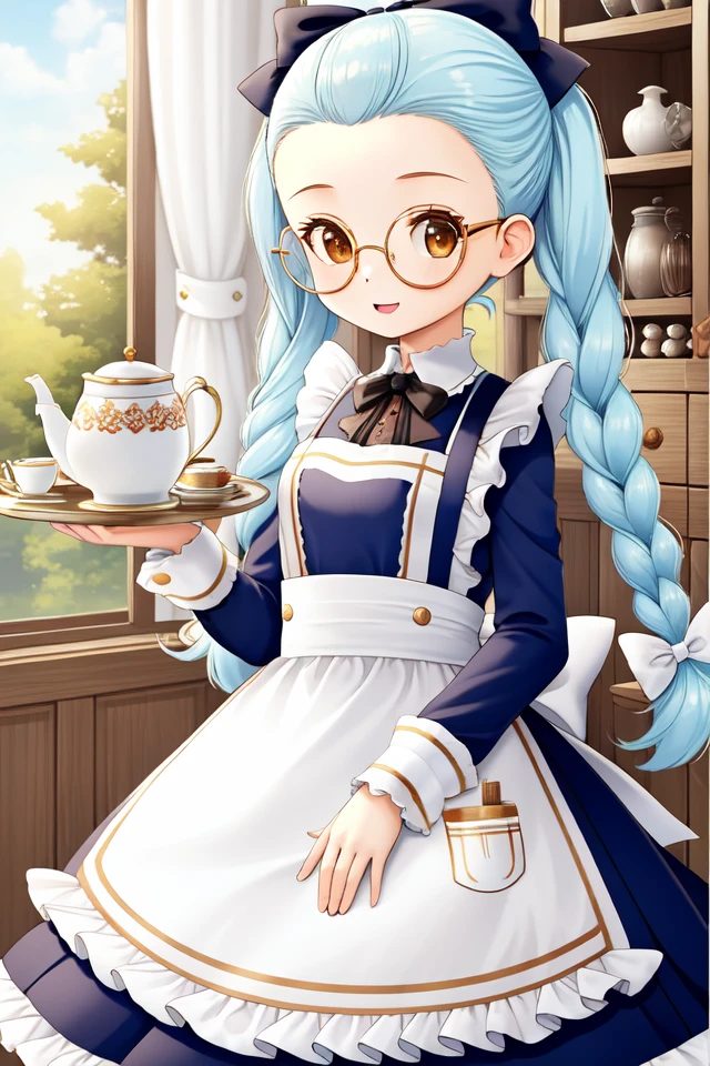 1 girl, indoors, holding tray, tea,
 <lora:Harvest_Moon_Hero_of_Leaf_Valley_-_Gina:0.5> holvgina, light blue hair, long hair, twintails, braid, hair bow, forehead, brown eyes,
glasses, maid, blue dress, apron,