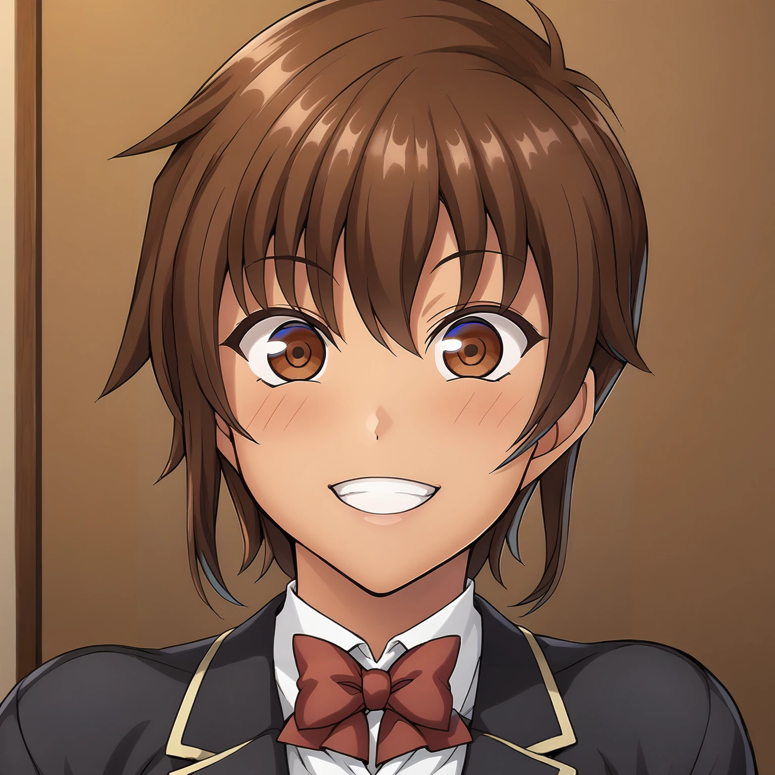 <lora:NagisaFujimaXLpony001>,
parted lips,blush,half-closed eyes,smile,
solo,
NagisaFujima,1girl,brown hair,short hair,brown eyes,tan,
school_uniform,black blazer,red bowtie,
upper body,