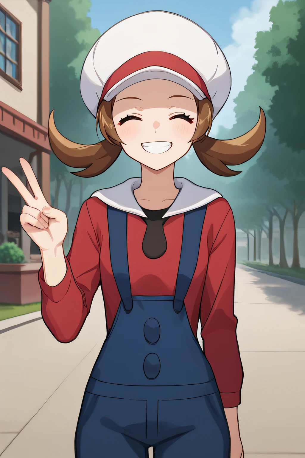 score_9, score_8_up, score_7_up, source_anime, rating_safe, intricate details, anime screencap, official style, <lora:Lyra:1>, lyra, closed eyes, red shirt, long sleeves, white headwear, blue overalls, standing, looking at viewer, outdoor, smile, grin, teeth, peace sign, frontal view, upper body, one hand up
